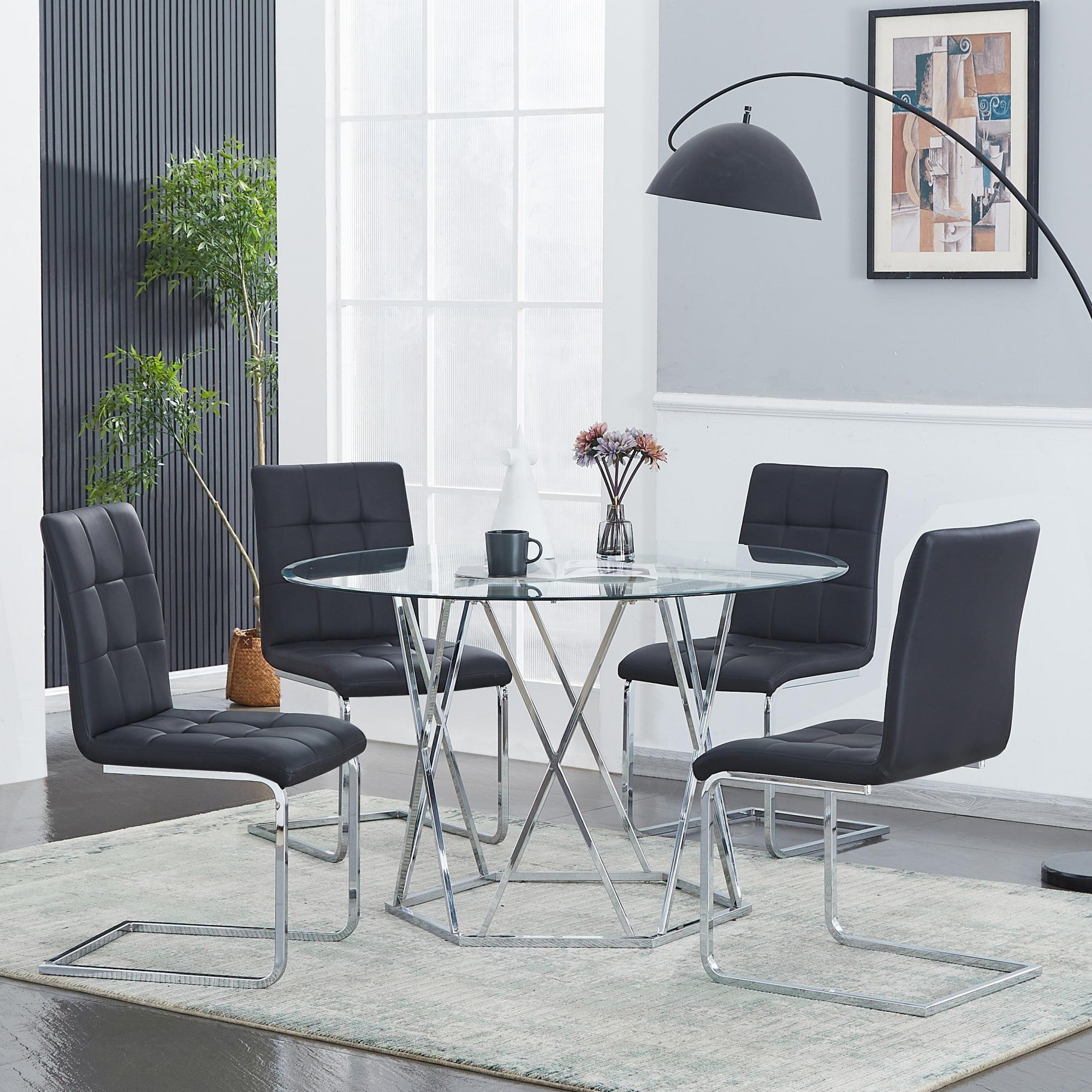 Glass Top 5-Piece Dining Set with Black Chairs