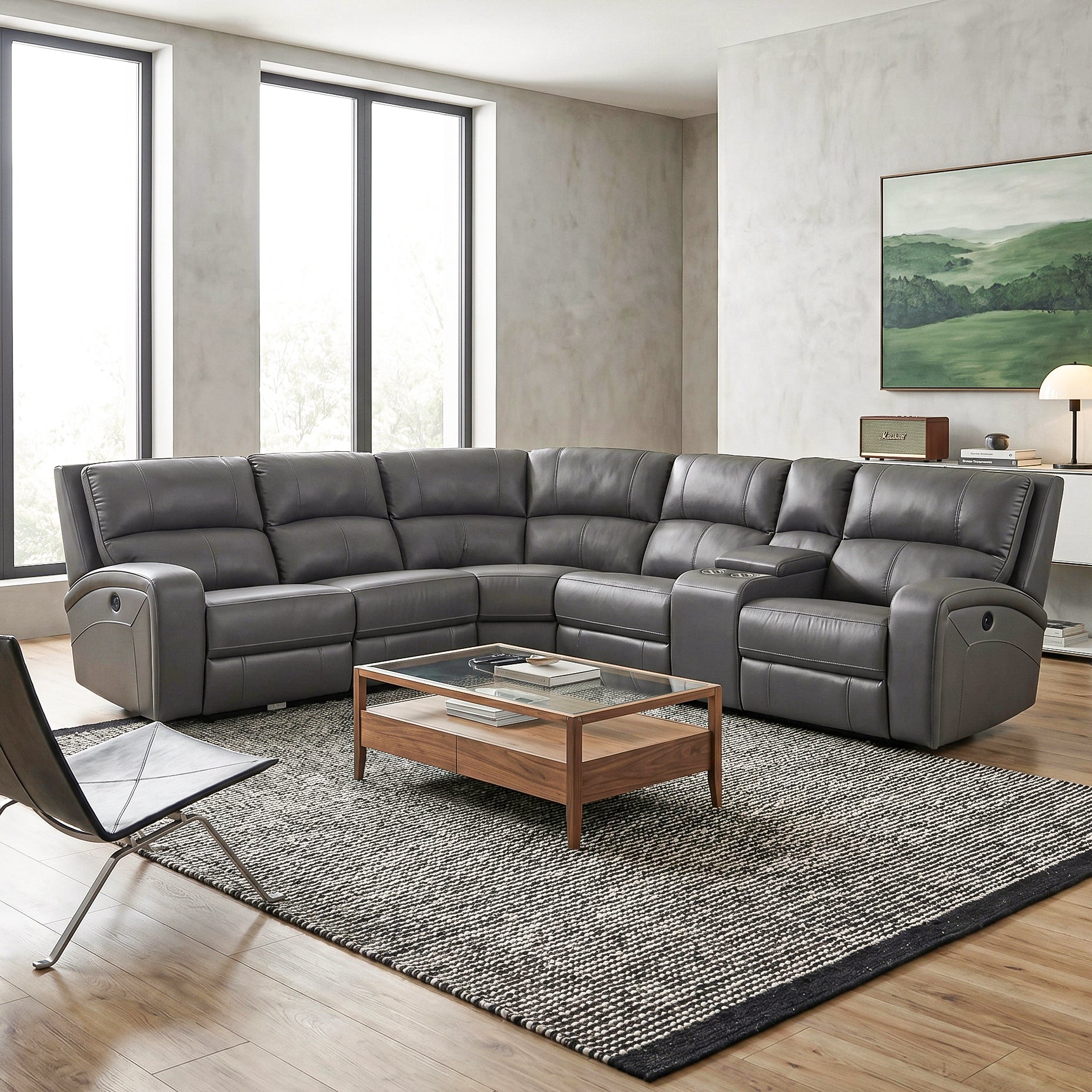 Corpus Gray Leather Reclining Sectional, L-Shaped Corner Couch with Cup Holders for Living Room