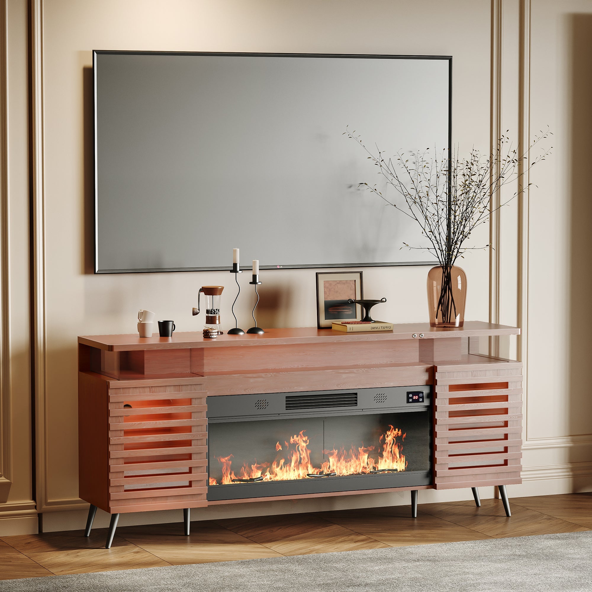 GRACE Fully Assembled 71" TV Stand with Electric Fireplace.It is placed in the living room,being both beautiful and practical.