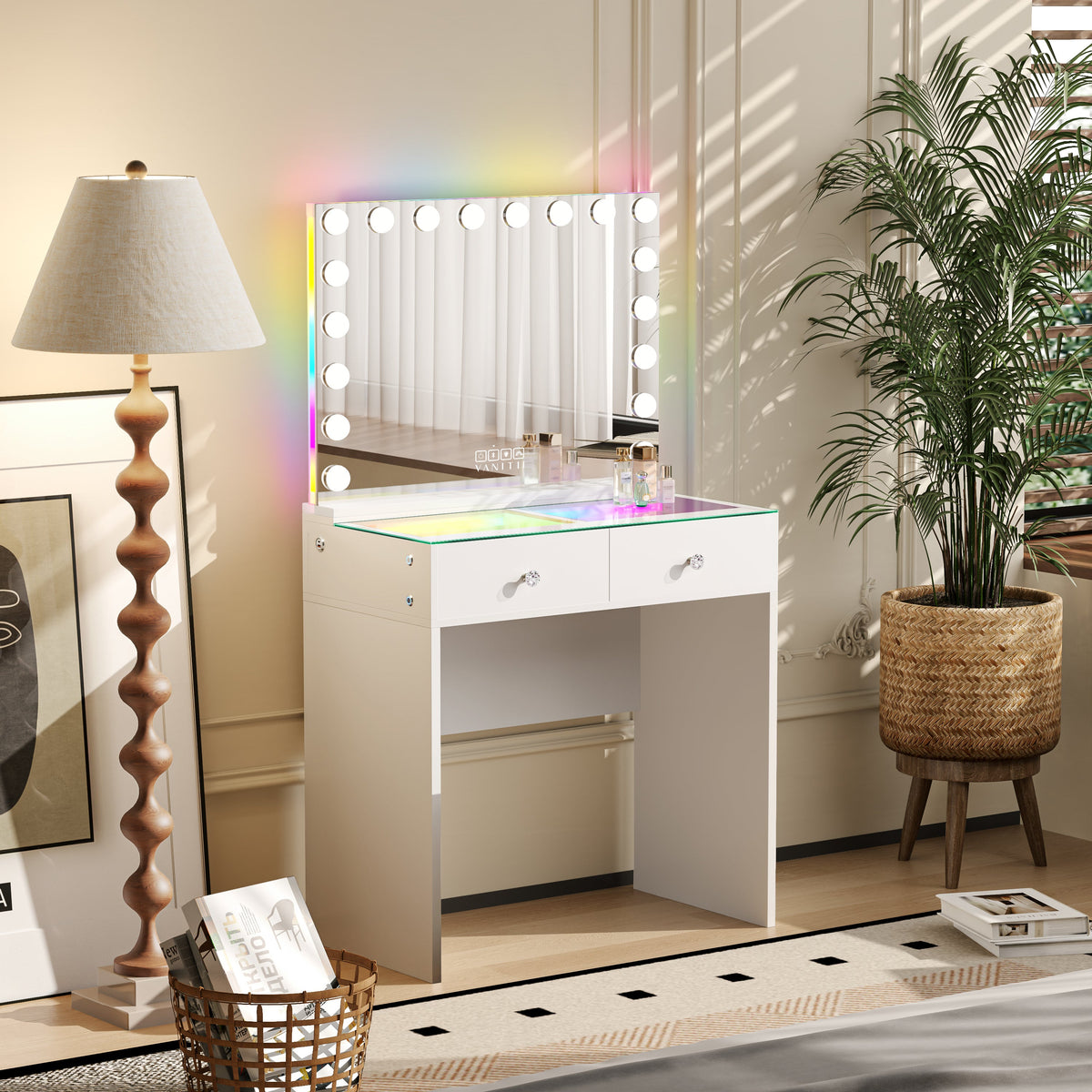 The VANITII Scarlet Vanity Desk Set features a mirror with 18 LED Light Bulbs,2 crystal-knob drawers,smart touch control,USB&Type-C Ports and built-in Bluetooth Speaker. It adopts a simple white design, and it place in the bedroom perfectly combining beauty and functionality.