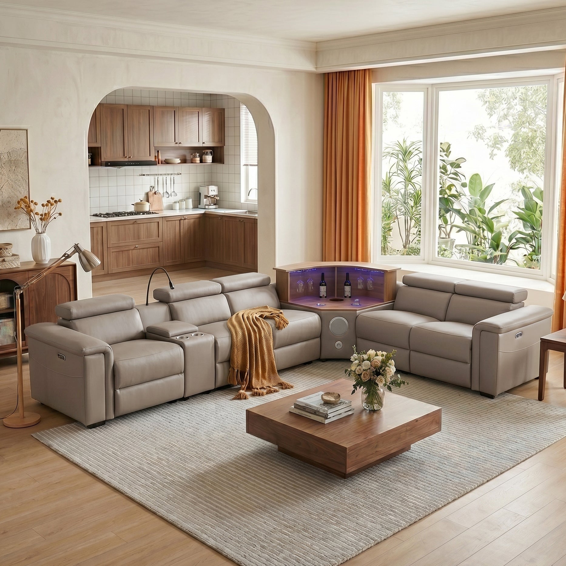 Luxury Leather Power Recliner with Rising Cabinet-Khaki