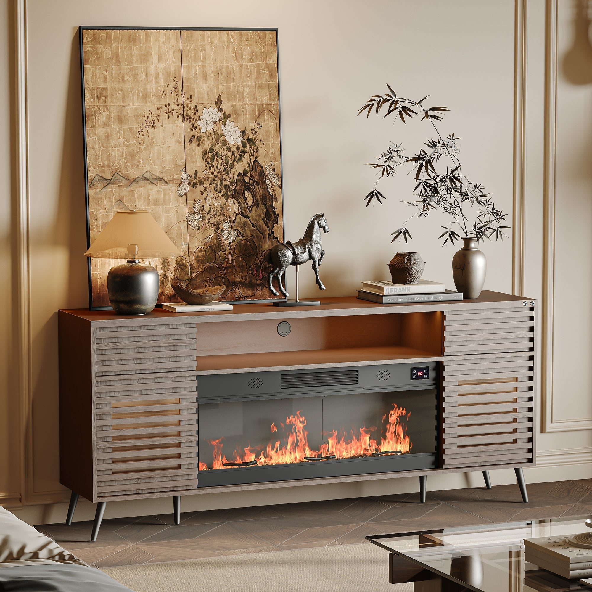 SITA Fully Assembled 71" TV Stand with Electric Fireplace.It is placed in the living room,being both beautiful and practical.