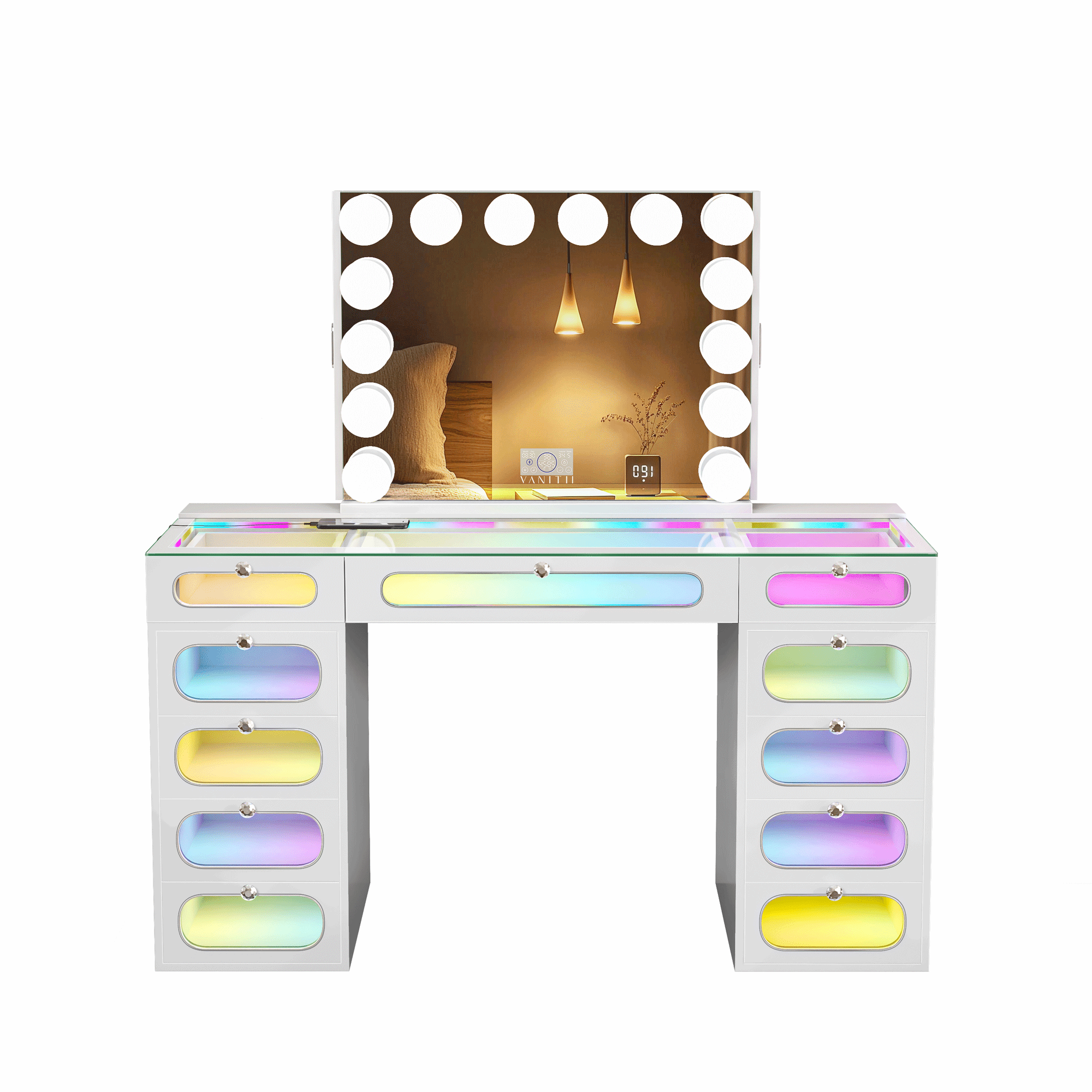 VANITII Priscilla Vanity Set with Hollywood Vanity Mirror Pro with Jewelry Cabinet