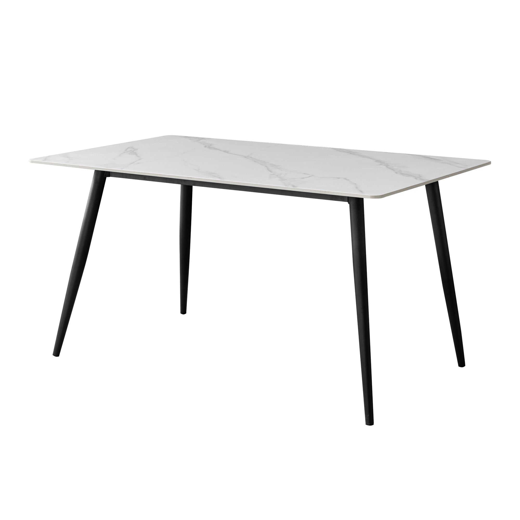 White Faux Marble Dining Table - 4-Seater Rectangular Table with Black Metal Legs