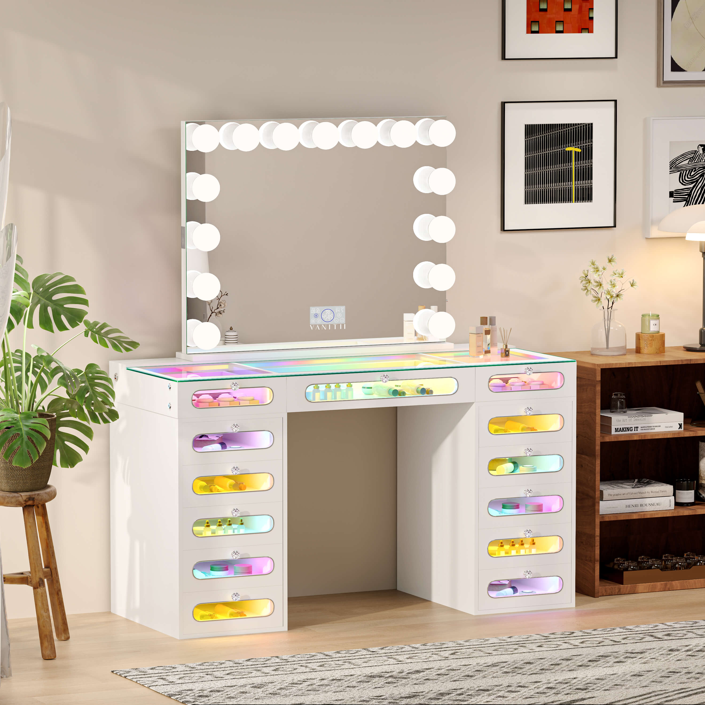 VANITII Priscilla Makeup Vanity Desk Set With 13 Drawers & 15 LED Bulbs Mirror