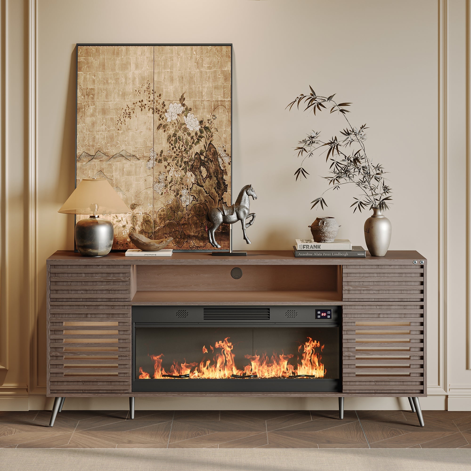 SITA Fully Assembled 71" TV Stand with Electric Fireplace.It is placed in the living room,being both beautiful and practical.