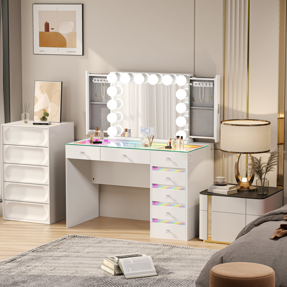 The VANITII Fenair Vanity Desk Set features a 14 LED Light Bulbs , Mirror with Hidden Side Jewelry Racks,7 crystal-knob drawers,USB&Type-C Ports and built-in Bluetooth Speaker. It adopts a simple white design, and it place in the bedroom perfectly combining beauty and functionality.