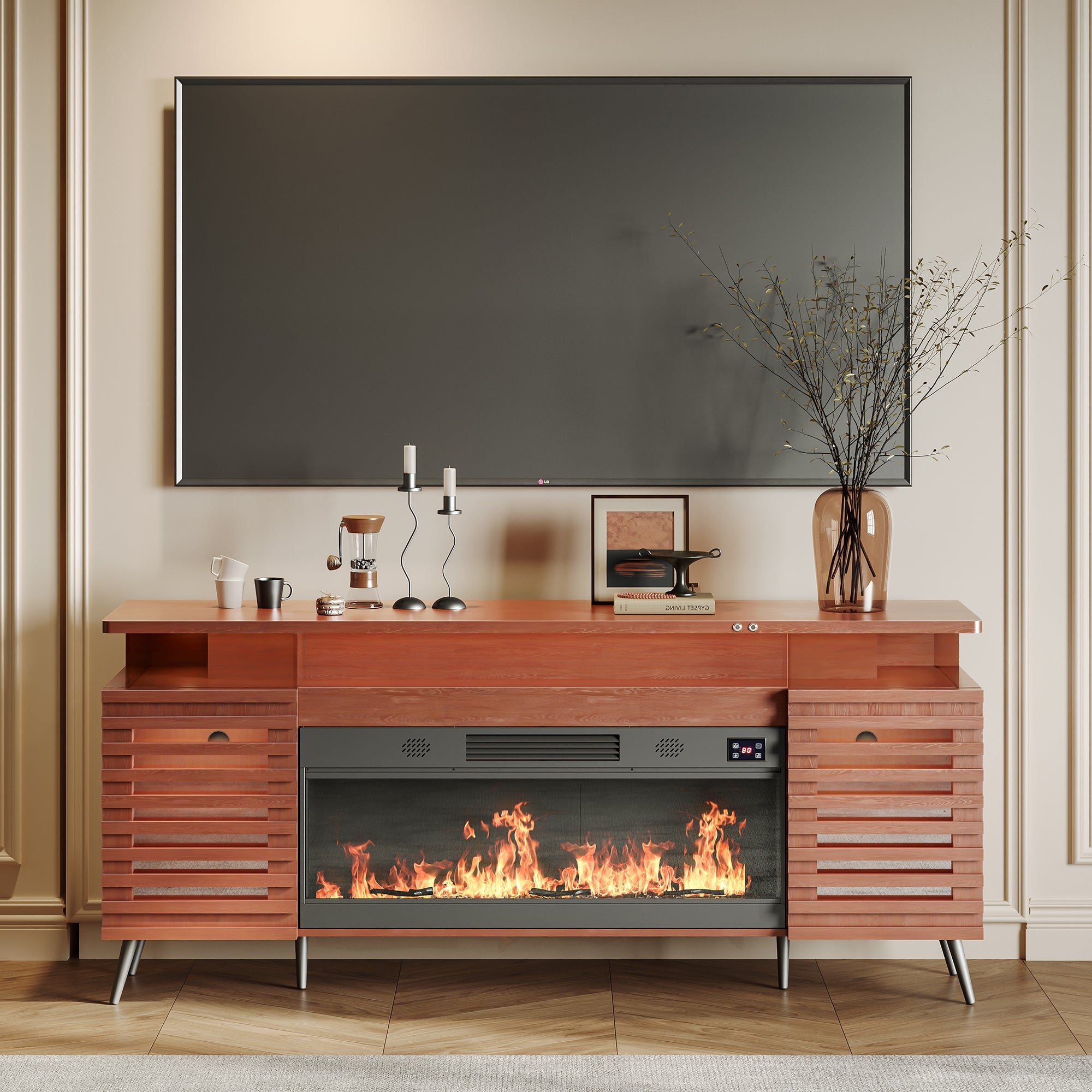 GRACE Fully Assembled 71" TV Stand with Electric Fireplace.It is placed in the living room,being both beautiful and practical.