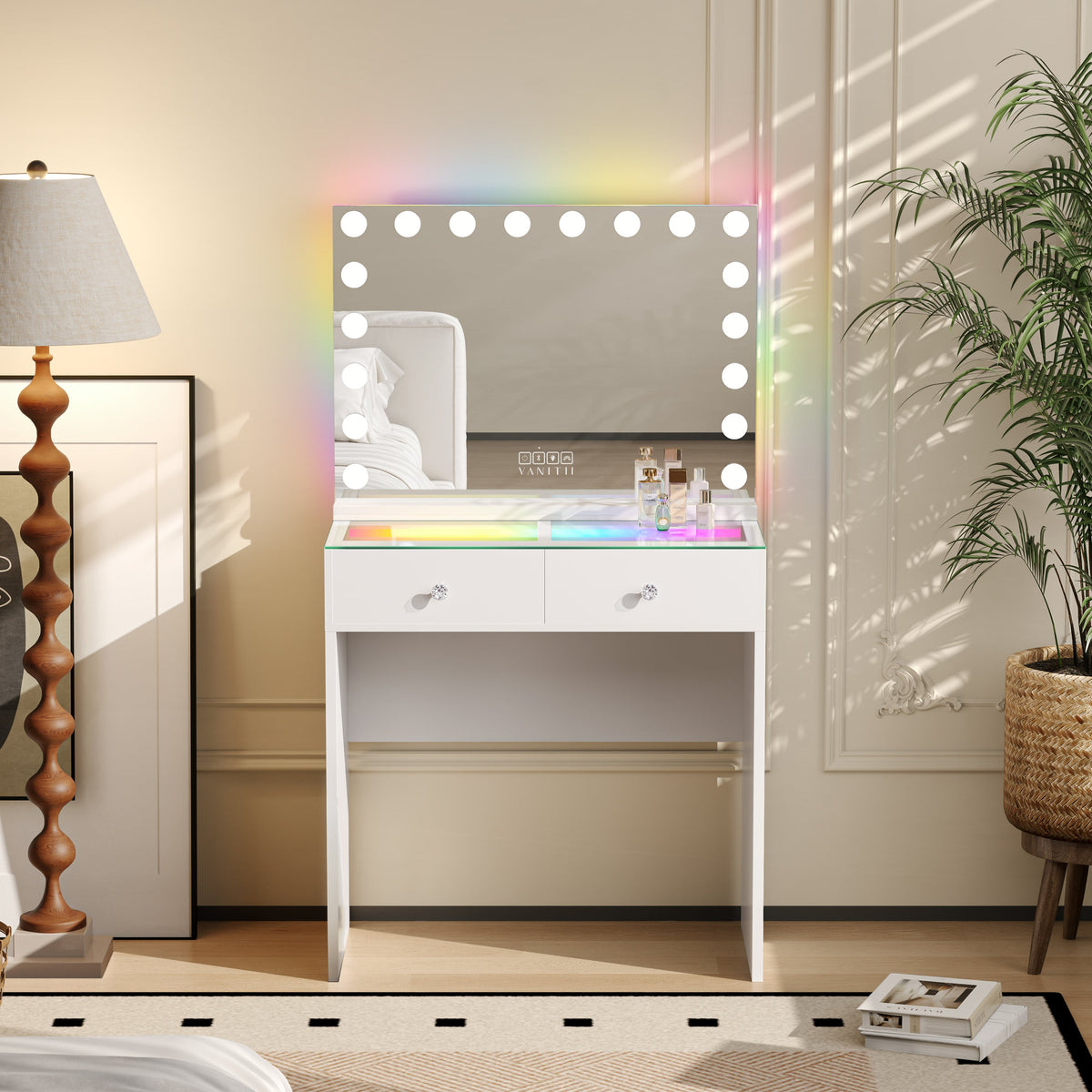 The VANITII Scarlet Vanity Desk Set features a mirror with 18 LED Light Bulbs,2 crystal-knob drawers,smart touch control,USB&Type-C Ports and built-in Bluetooth Speaker. It adopts a simple white design, and it place in the bedroom perfectly combining beauty and functionality.