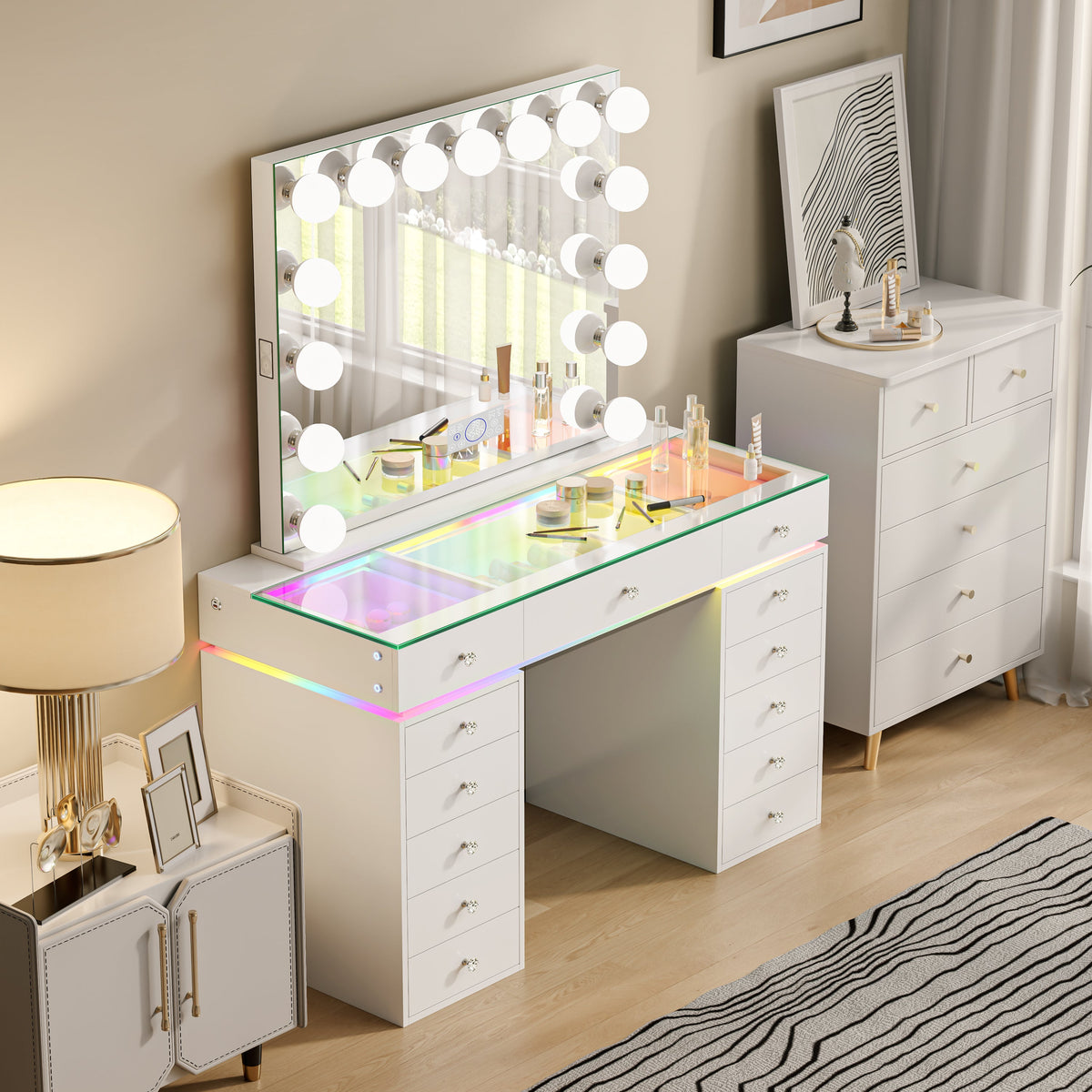 VANITII Mini Eva Vanity Desk Set - 13 Storage Drawers With 15 Bulbs