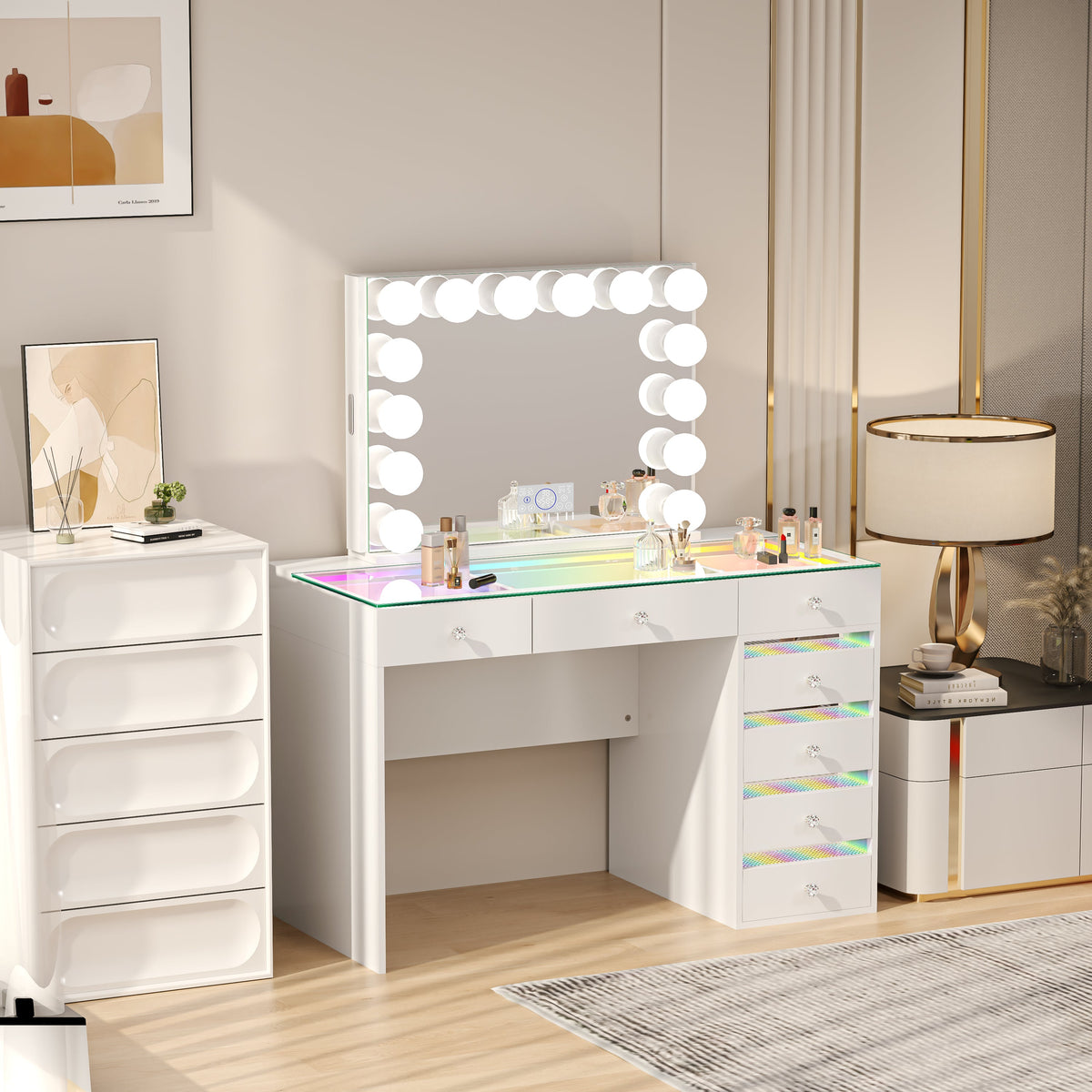 The VANITII Fenair Vanity Desk Set features a 14 LED Light Bulbs , Mirror with Hidden Side Jewelry Racks,7 crystal-knob drawers,USB&Type-C Ports and built-in Bluetooth Speaker. It adopts a simple white design, and it place in the bedroom perfectly combining beauty and functionality.