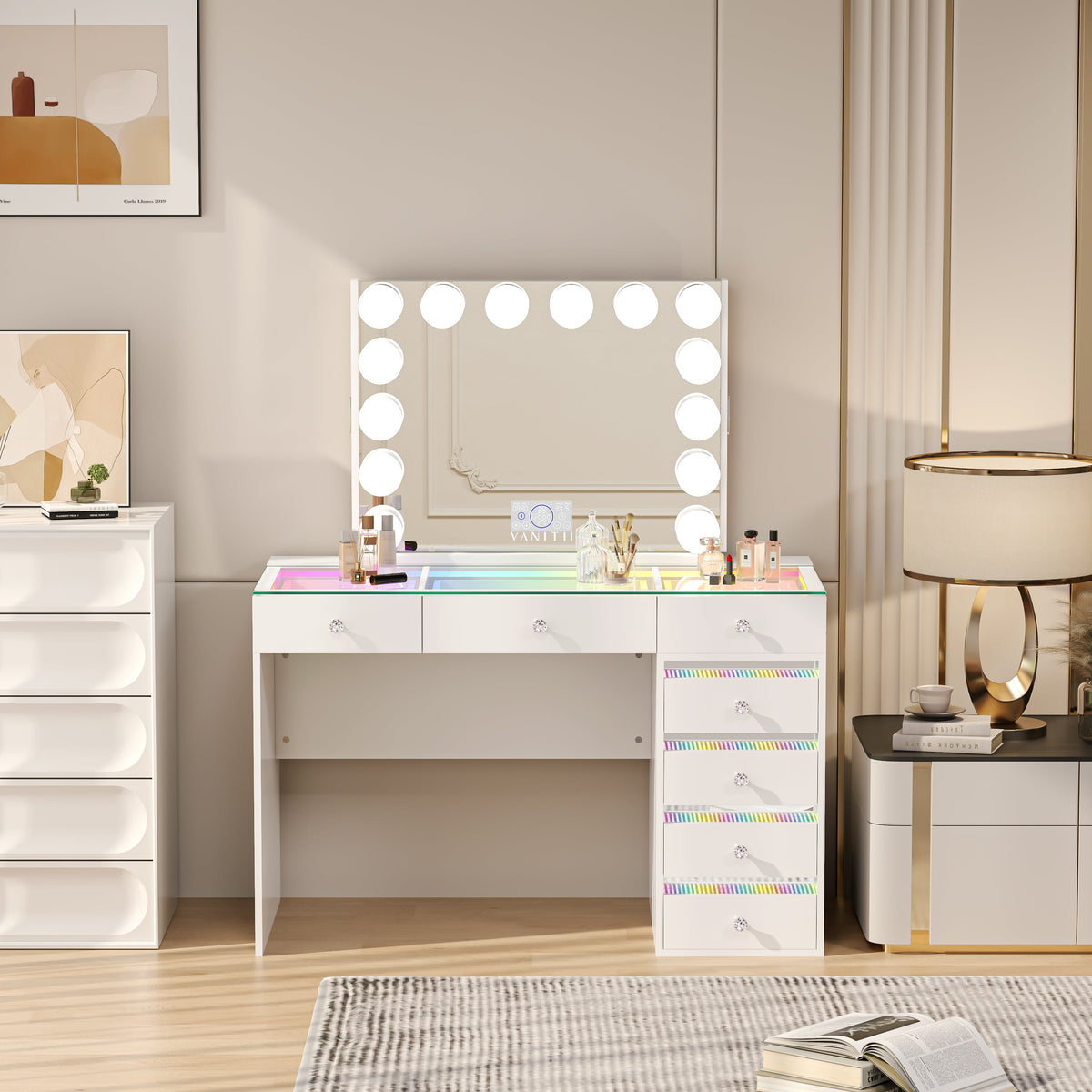 The VANITII Fenair Vanity Desk Set features a 14 LED Light Bulbs , Mirror with Hidden Side Jewelry Racks,7 crystal-knob drawers,USB&Type-C Ports and built-in Bluetooth Speaker. It adopts a simple white design, and it place in the bedroom perfectly combining beauty and functionality.