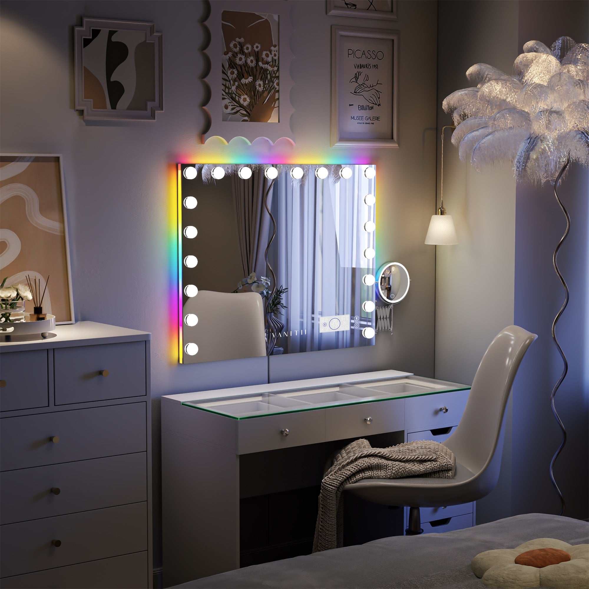 VANITII Hollywood 20 Bulbs Light Mirror features touch sensor control,10X extendable LED magnifier,built-in Bluetooth speaker and RGB lighting.It is placed in the bedroom, both beautiful and practical.