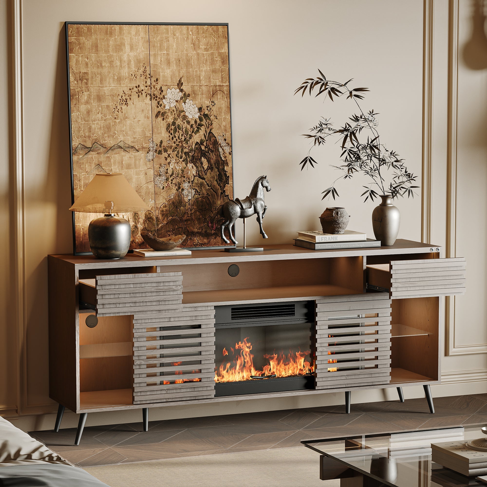 SITA Fully Assembled 71" TV Stand with Electric Fireplace.It is placed in the living room,being both beautiful and practical.