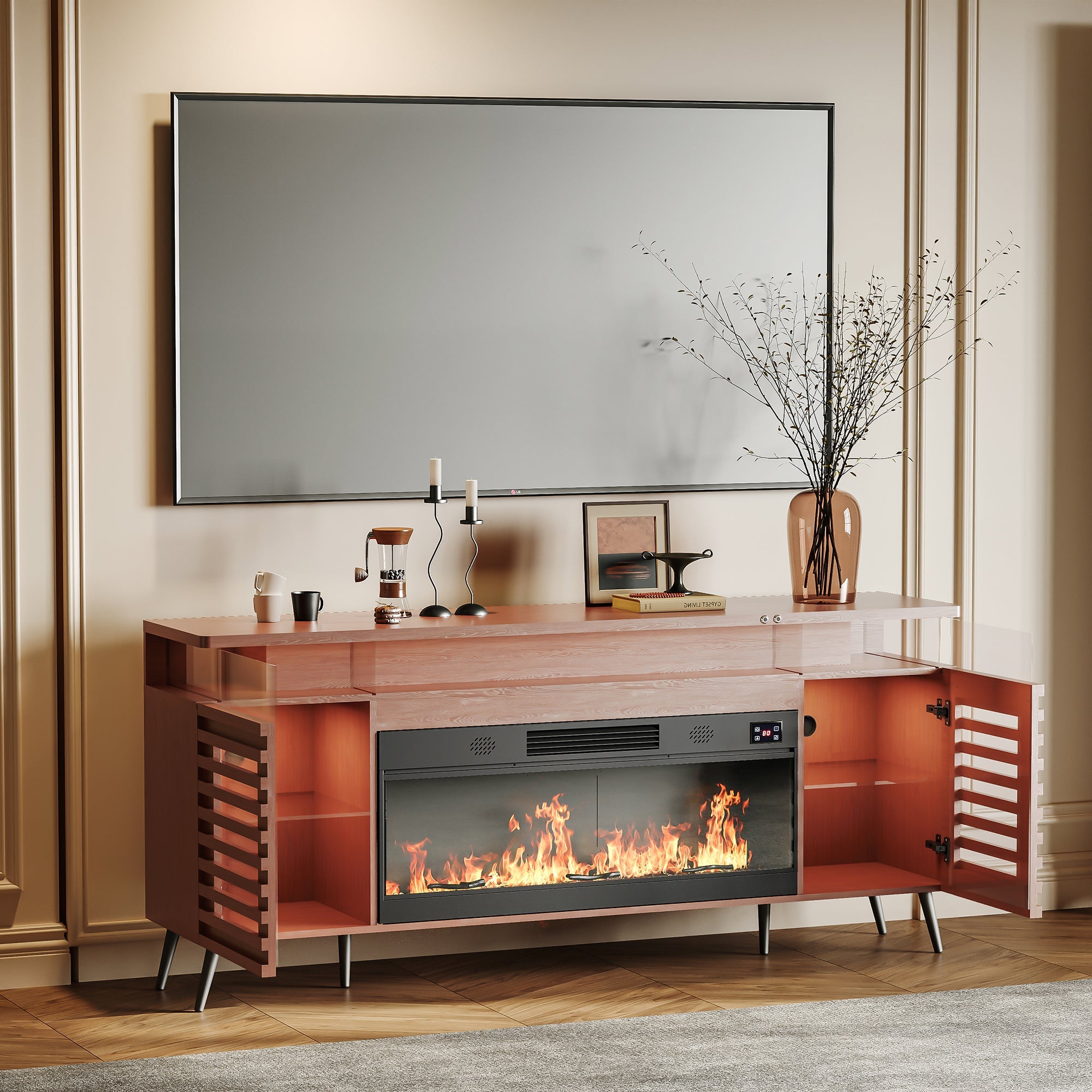 GRACE Fully Assembled 71" TV Stand with Electric Fireplace.It is placed in the living room,being both beautiful and practical.