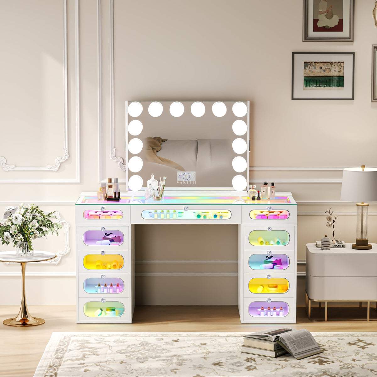 VANITII Priscilla Vanity Set with Hollywood Vanity Mirror Pro with Jewelry Cabinet