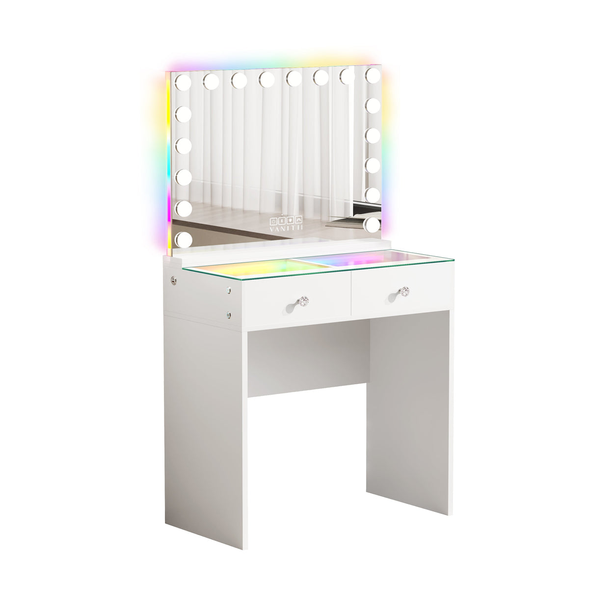 The VANITII Scarlet Vanity Desk Set features a mirror with 18 LED Light Bulbs,2 crystal-knob drawers,smart touch control,USB&Type-C Ports and built-in Bluetooth Speaker. It adopts a simple white design, perfectly combining beauty and functionality.