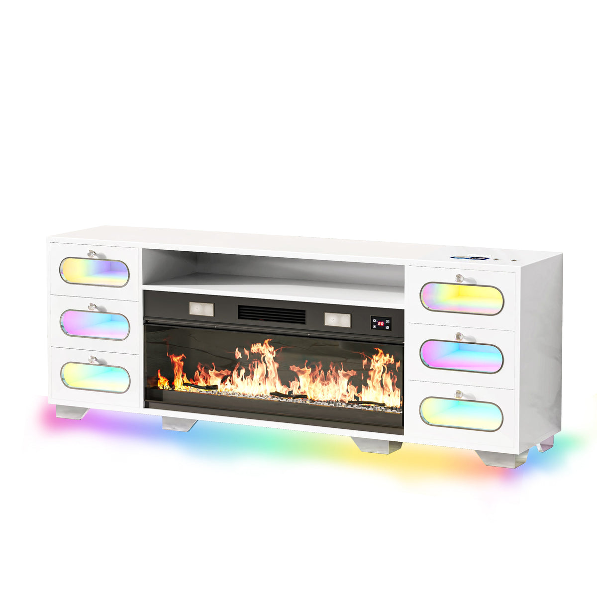 White electric fireplace with RGB lighting