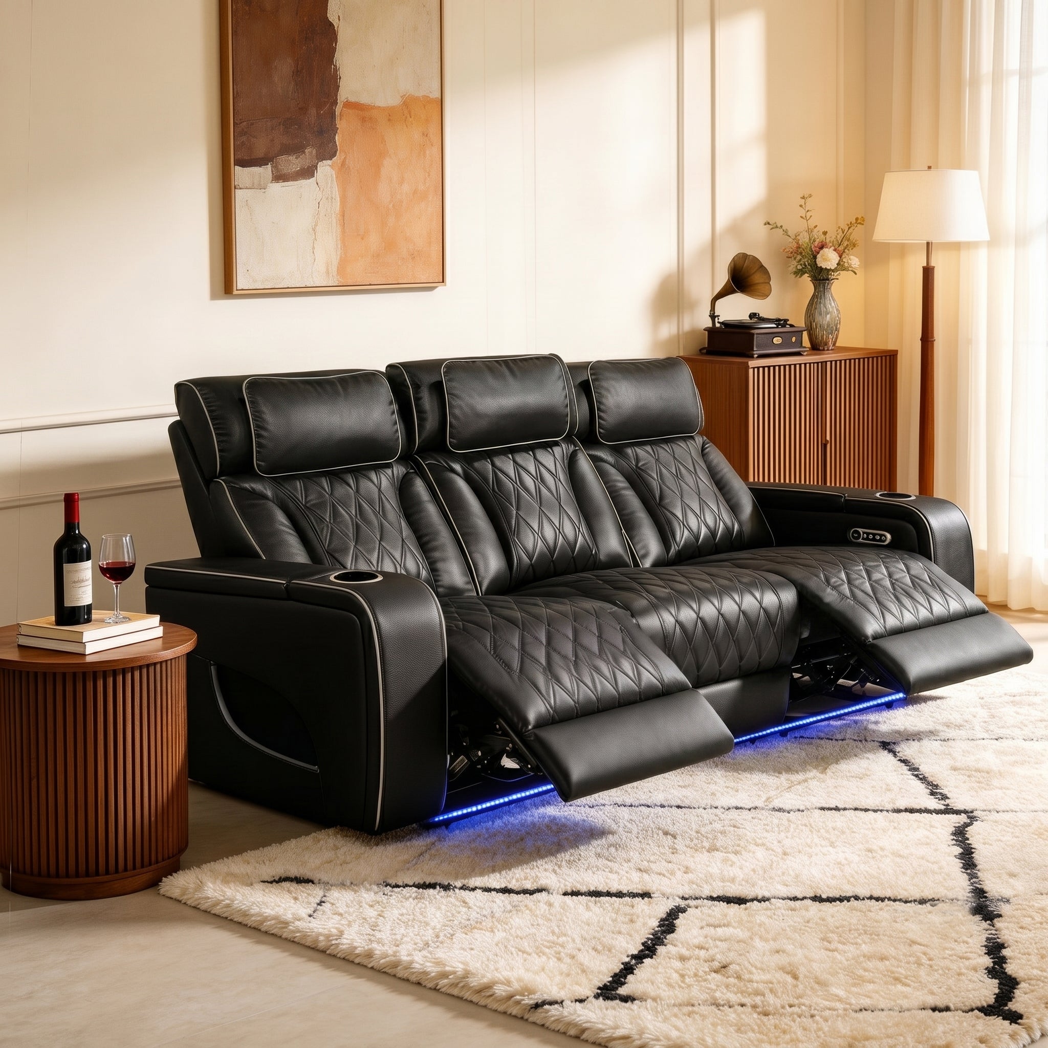 Jessie black power recliner sofa features cup holders、adjustable backrest & footrest、reading lighting、LED strip light for mordern living room.