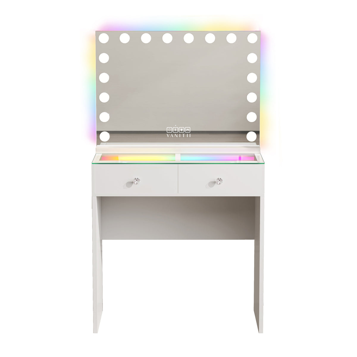 The VANITII Scarlet Vanity Desk Set features a mirror with 18 LED Light Bulbs,2 crystal-knob drawers,smart touch control,USB&Type-C Ports and built-in Bluetooth Speaker. It adopts a simple white design, perfectly combining beauty and functionality.