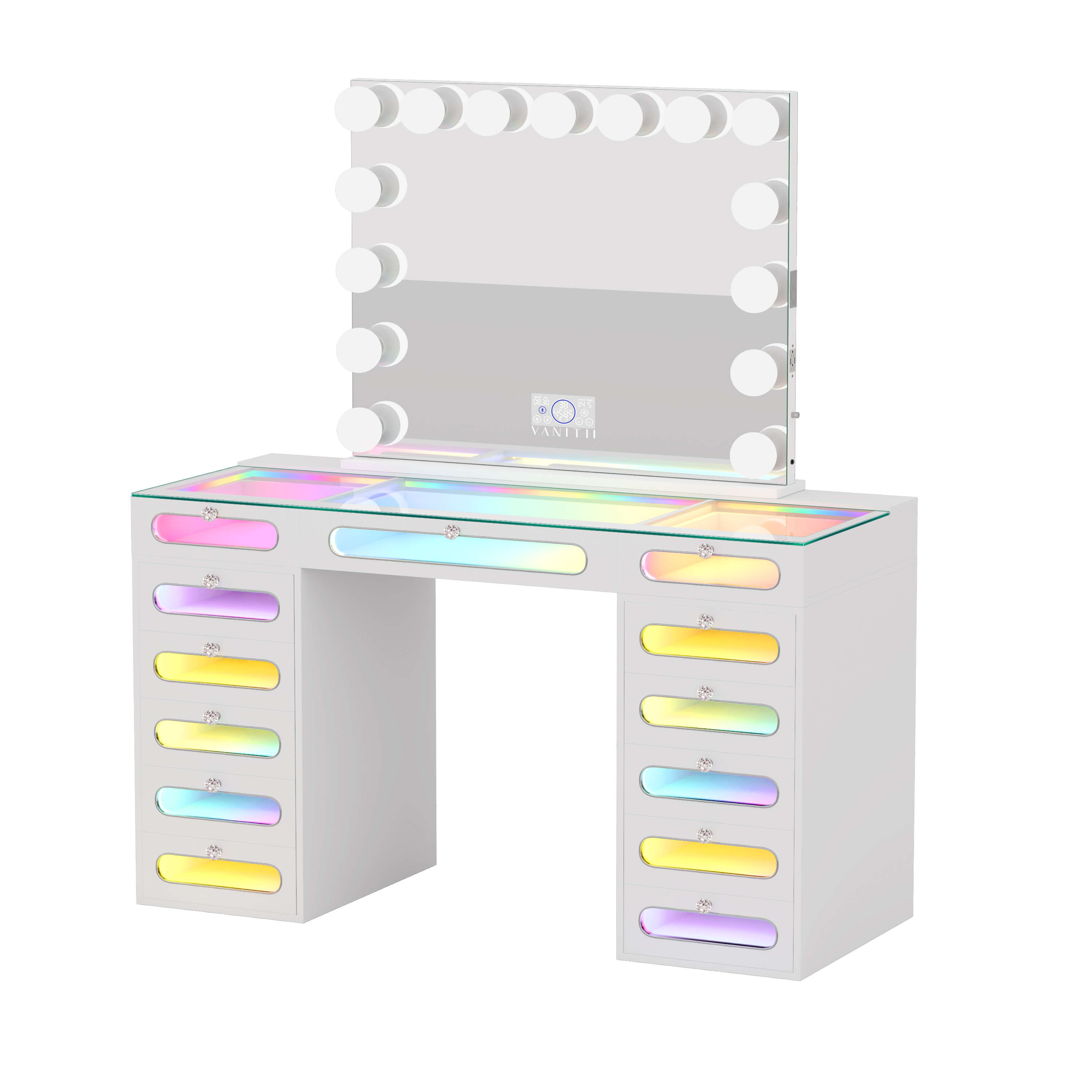 VANITII Priscilla Makeup Vanity Desk Set With 13 Drawers & 15 LED Bulbs Mirror