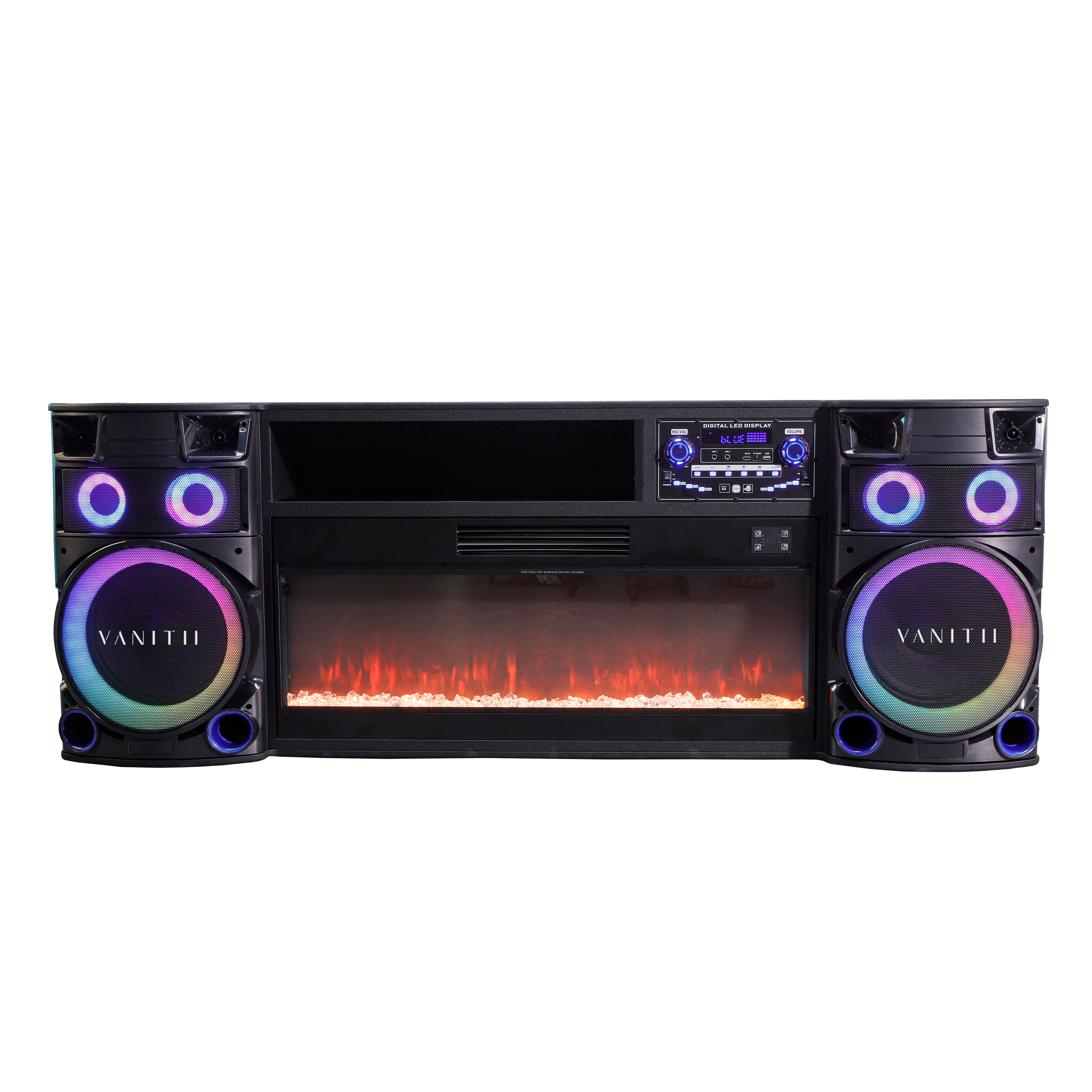 VANITII Smart Fireplace & Sound Station with Bluetooth Speakers & LED Lights