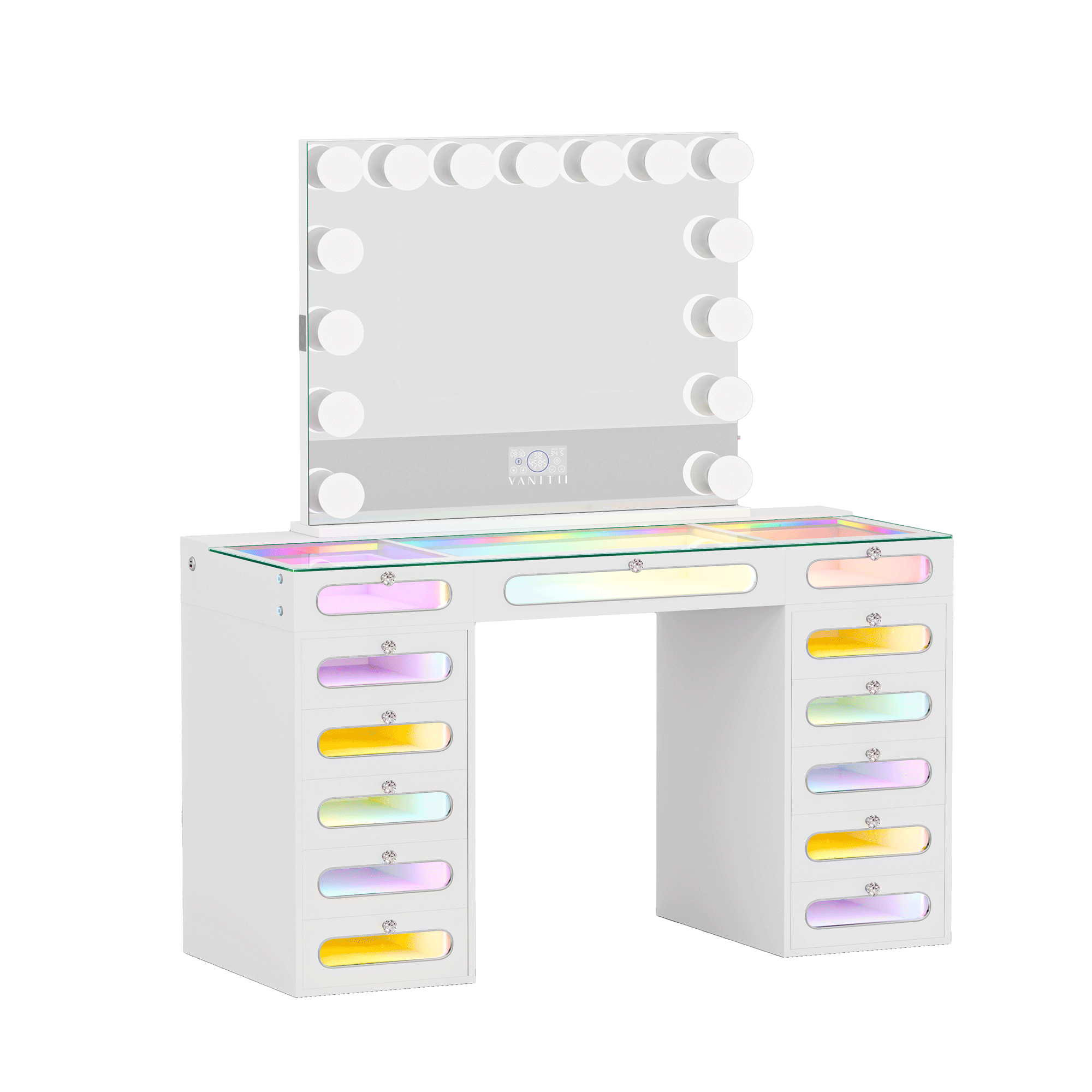 VANITII Priscilla Makeup Vanity Desk Set With 13 Drawers & 15 LED Bulbs Mirror