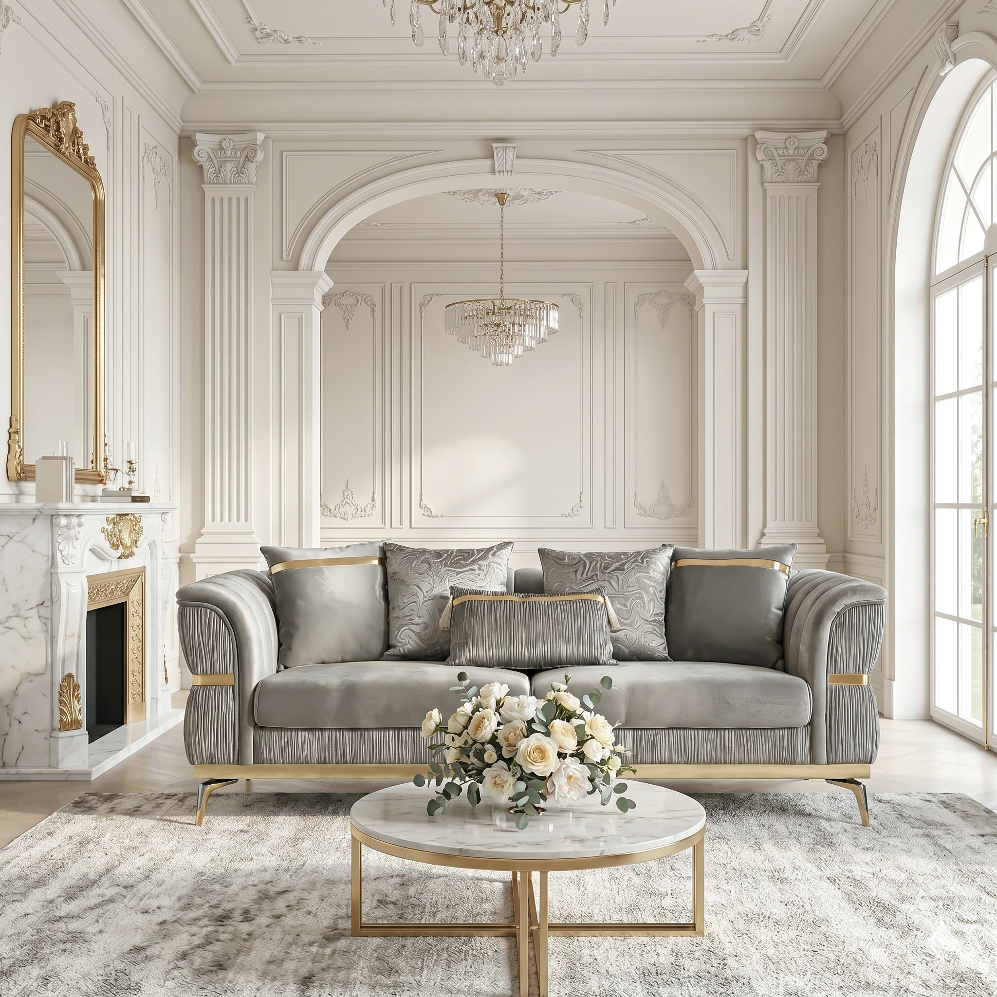 Velvet Chestfield Sofa Set In Gray
