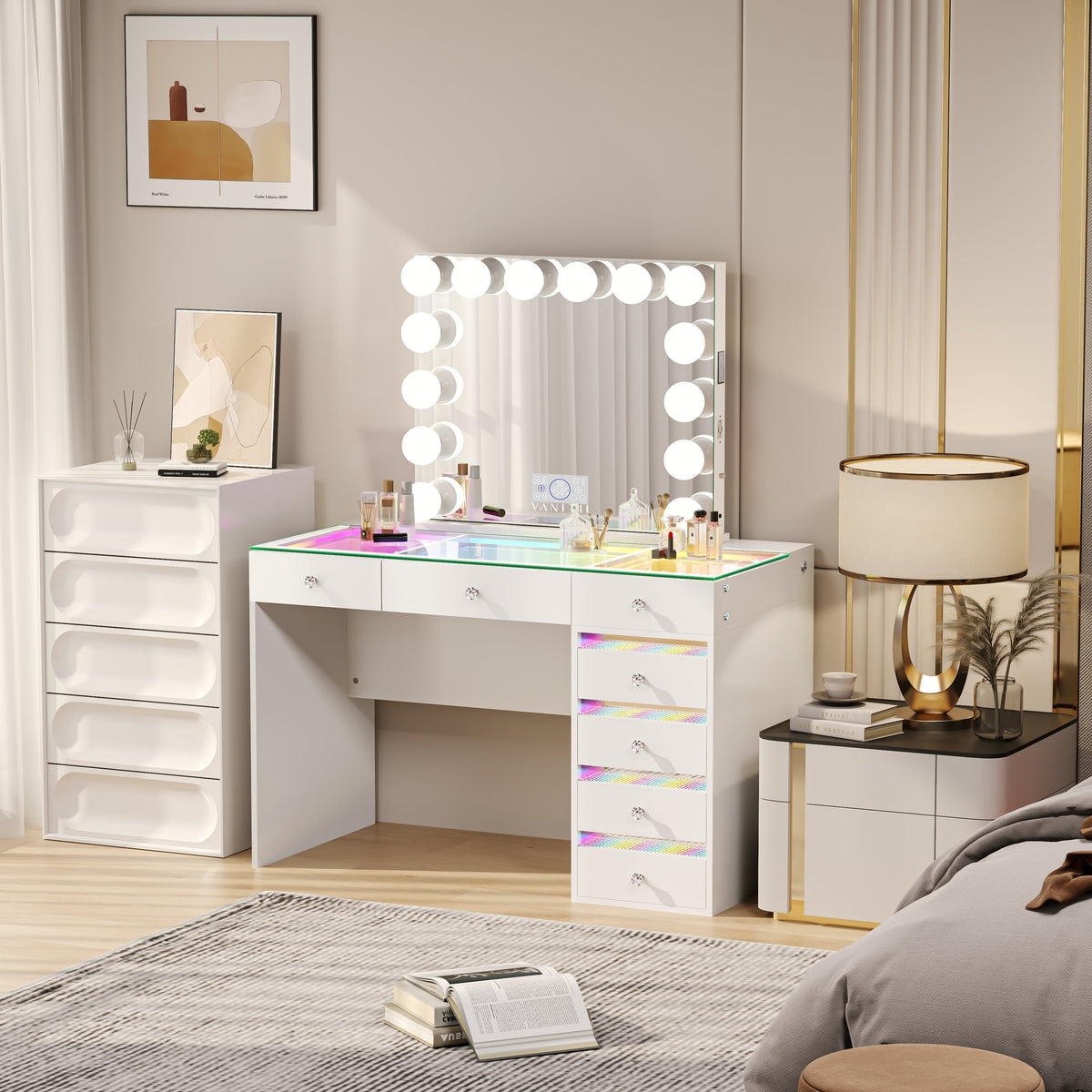 VANITII Fenair 7-Drawer Vanity Set with 14 Bulbs Hollywood Mirror