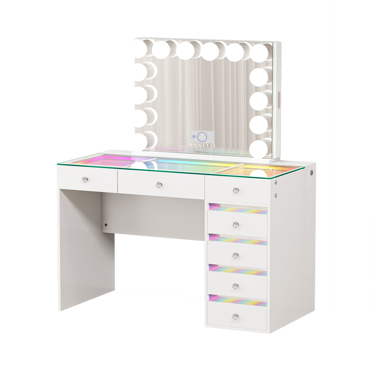 The VANITII Fenair Vanity Desk Set features a 14 LED Light Bulbs , Mirror with Hidden Side Jewelry Racks,7 crystal-knob drawers,USB&Type-C Ports and built-in Bluetooth Speaker. It adopts a simple white design, perfectly combining beauty and functionality.