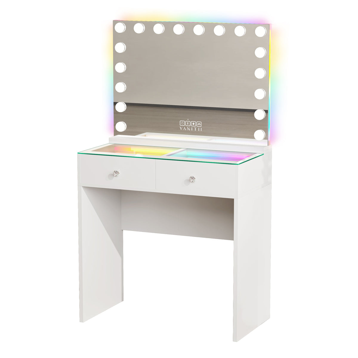 The VANITII Scarlet Vanity Desk Set features a mirror with 18 LED Light Bulbs,2 crystal-knob drawers,smart touch control,USB&Type-C Ports and built-in Bluetooth Speaker. It adopts a simple white design, perfectly combining beauty and functionality.