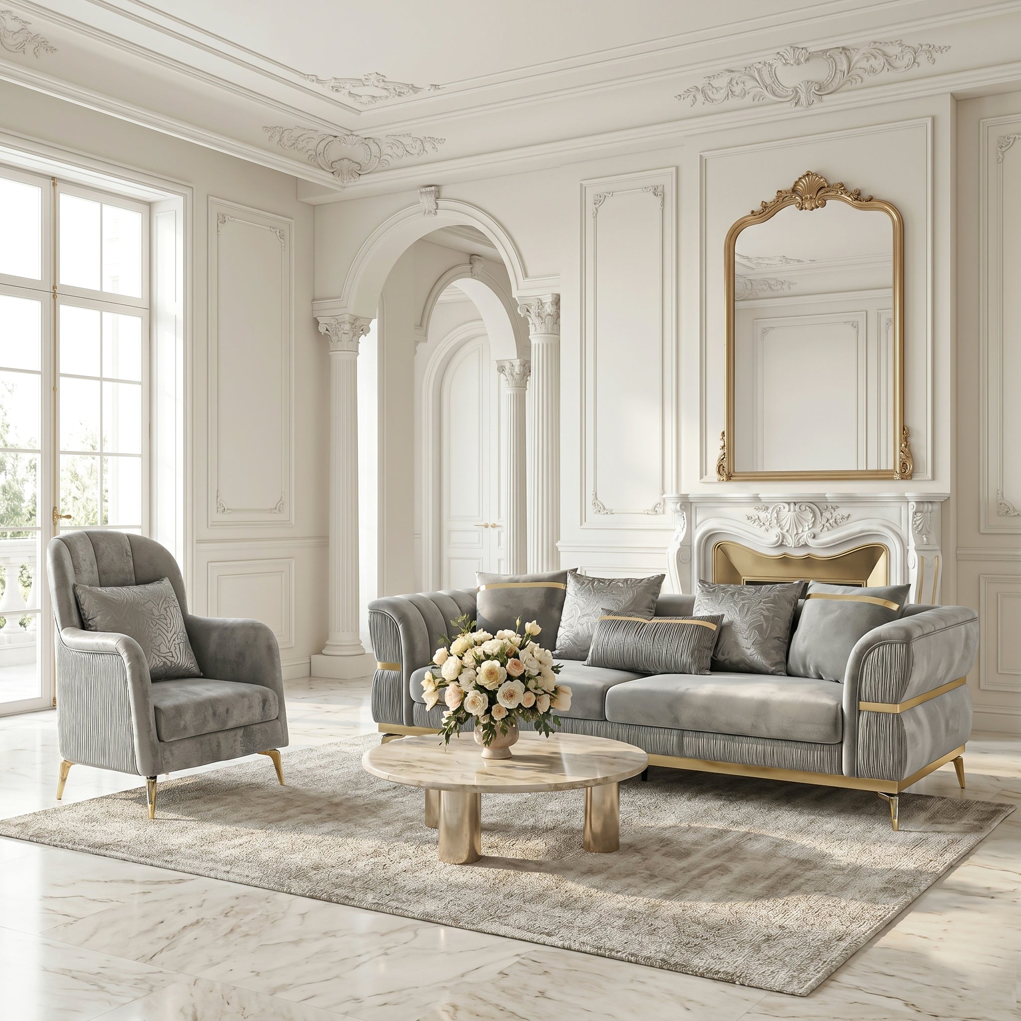 Velvet Chestfield Sofa Set In Gray