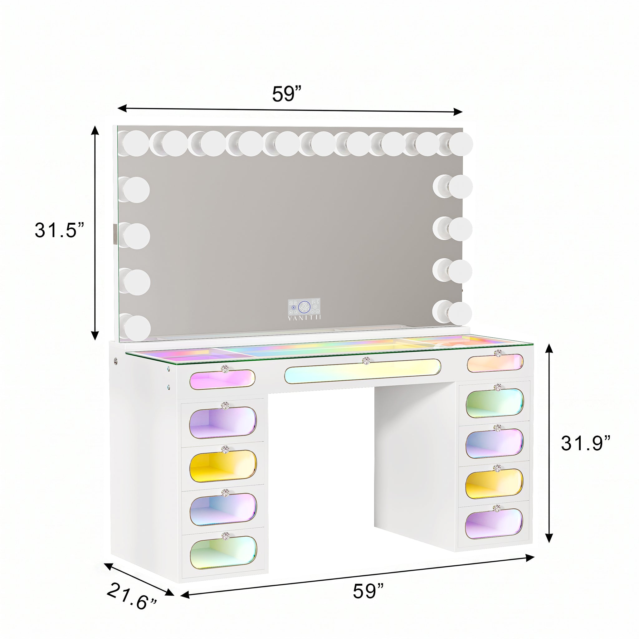 VANITII Priscilla Makeup Vanity Desk Set with 11 Drawers & 18 LED Bulbs Mirror