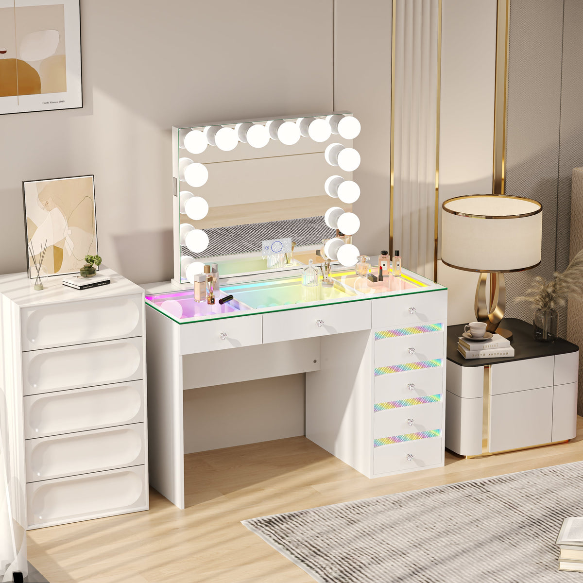 VANITII Fenair 7-Drawer Vanity Set with 14 Bulbs Hollywood Mirror