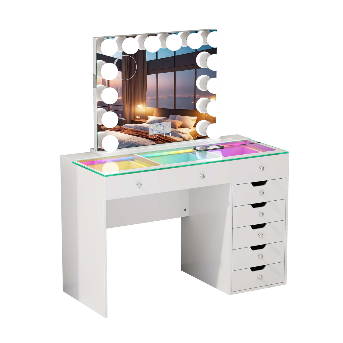 VANITII Diana Vanity Desk Set- 8 Storage Drawers with Vanity Mirror