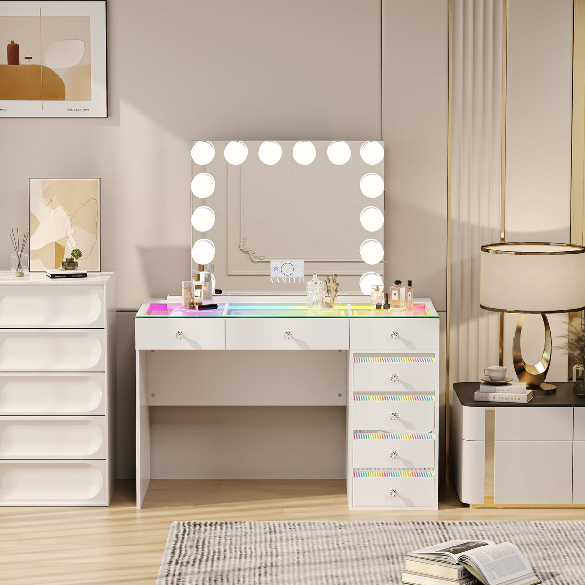VANITII Fenair 7-Drawer Vanity Set with 14 Bulbs Hollywood Mirror
