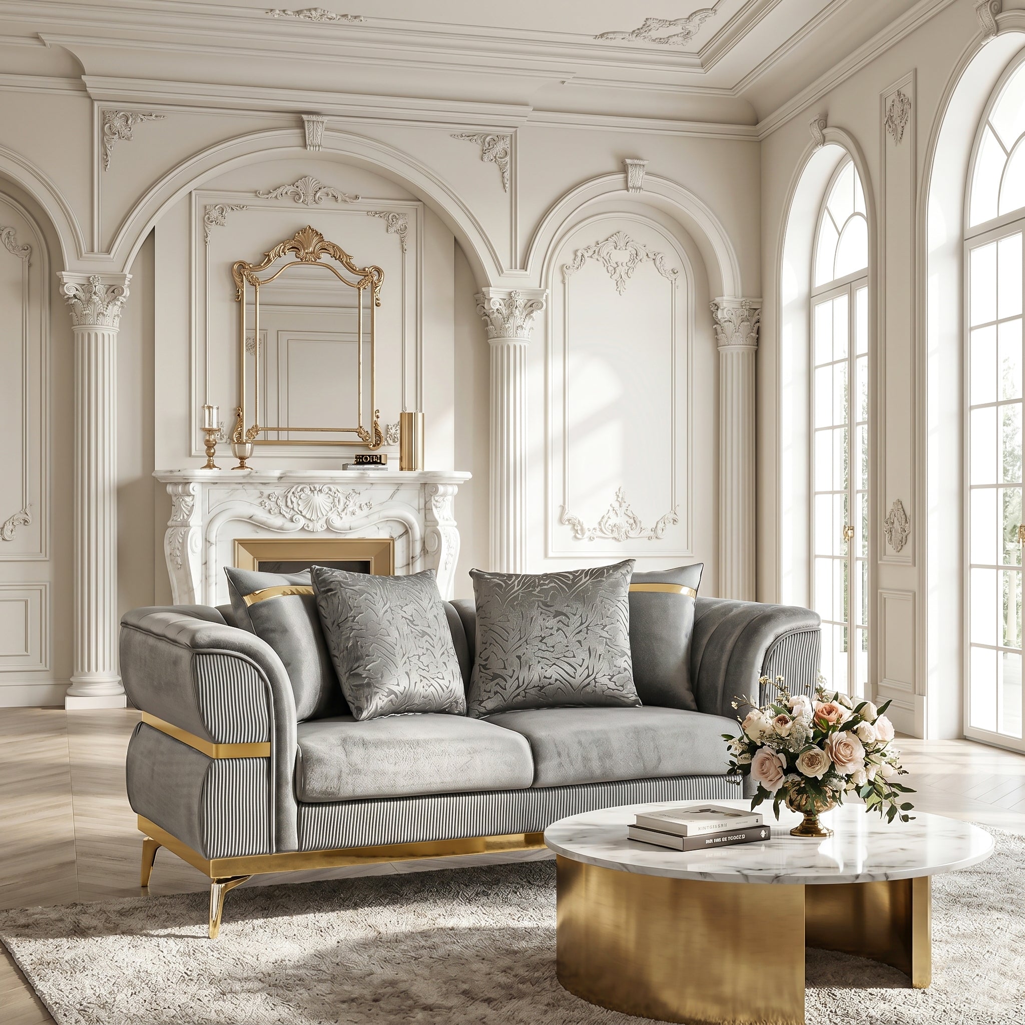 Velvet Chestfield Sofa Set In Gray