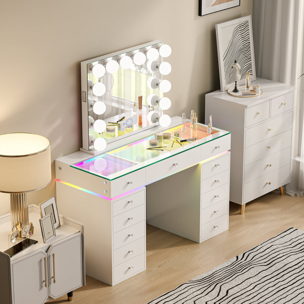 VANITII Mini Eva Vanity Desk Set - 13 Storage Drawers With 15 Bulbs