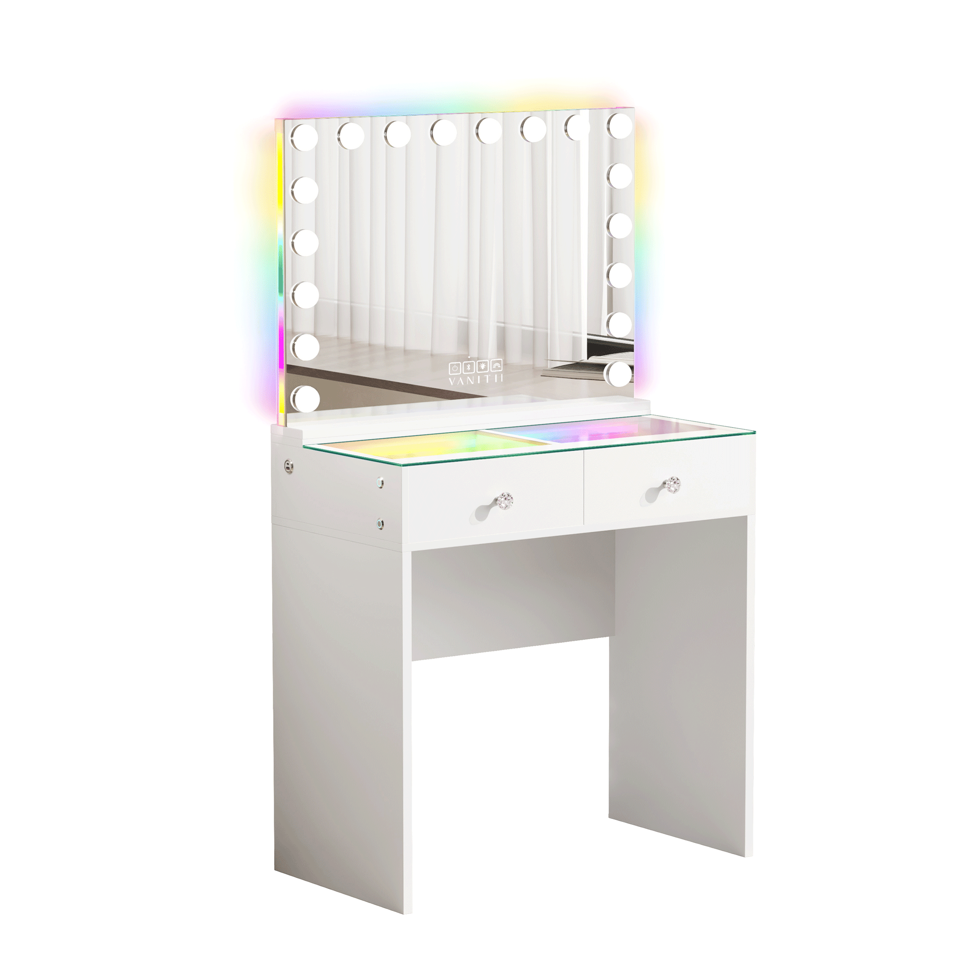 The VANITII Scarlet Vanity Desk Set features a mirror with 18 LED Light Bulbs,2 crystal-knob drawers,smart touch control,USB&Type-C Ports and built-in Bluetooth Speaker. It adopts a simple white design, perfectly combining beauty and functionality.