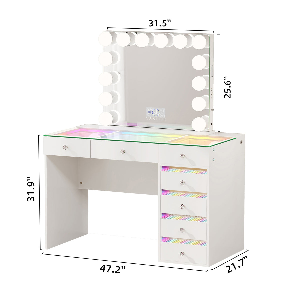 VANITII Fenair 7-Drawer Vanity Set with 14 Bulbs Hollywood Mirror