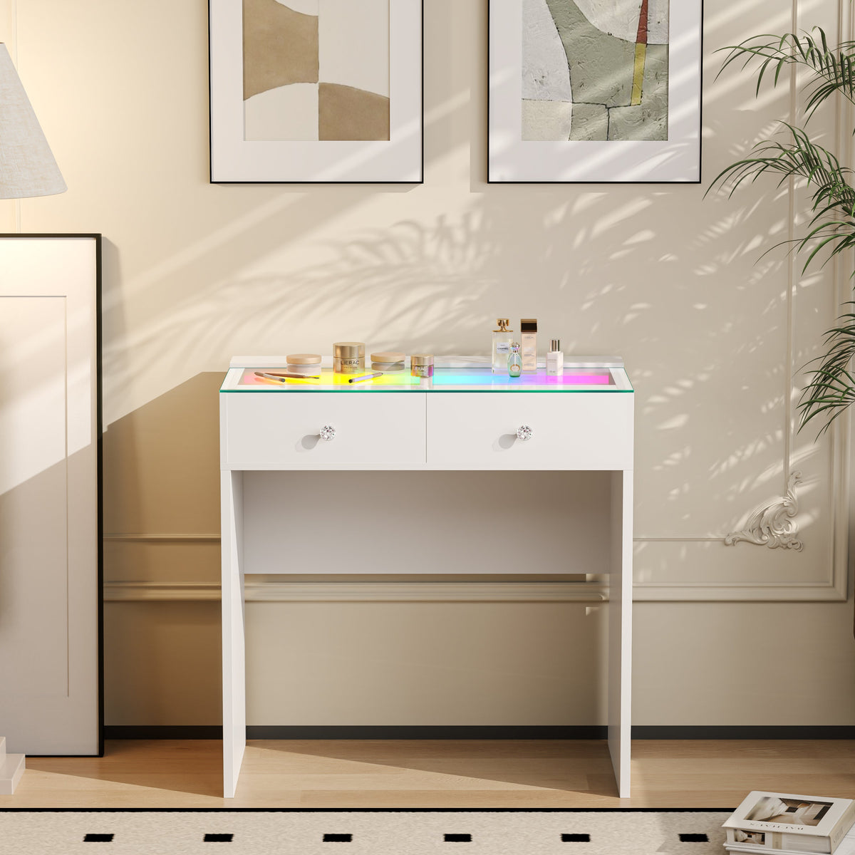 The VANITII Scarlet Vanity Desk features 2 crystal-knob drawers,USB&Type-C Ports and RGB strip light. It features a simple white design. It is placed in the bedroom and is both practical and versatile.