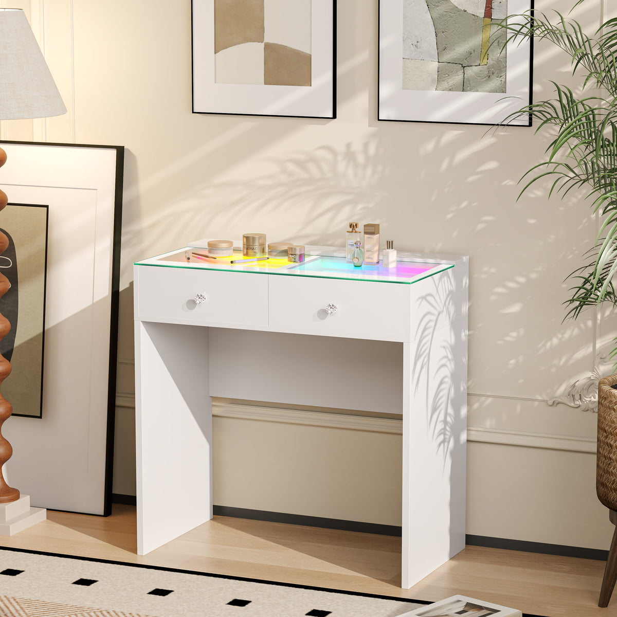 The VANITII Scarlet Vanity Desk features 2 crystal-knob drawers,USB&Type-C Ports and RGB strip light. It features a simple white design. It is placed in the bedroom and is both practical and versatile.