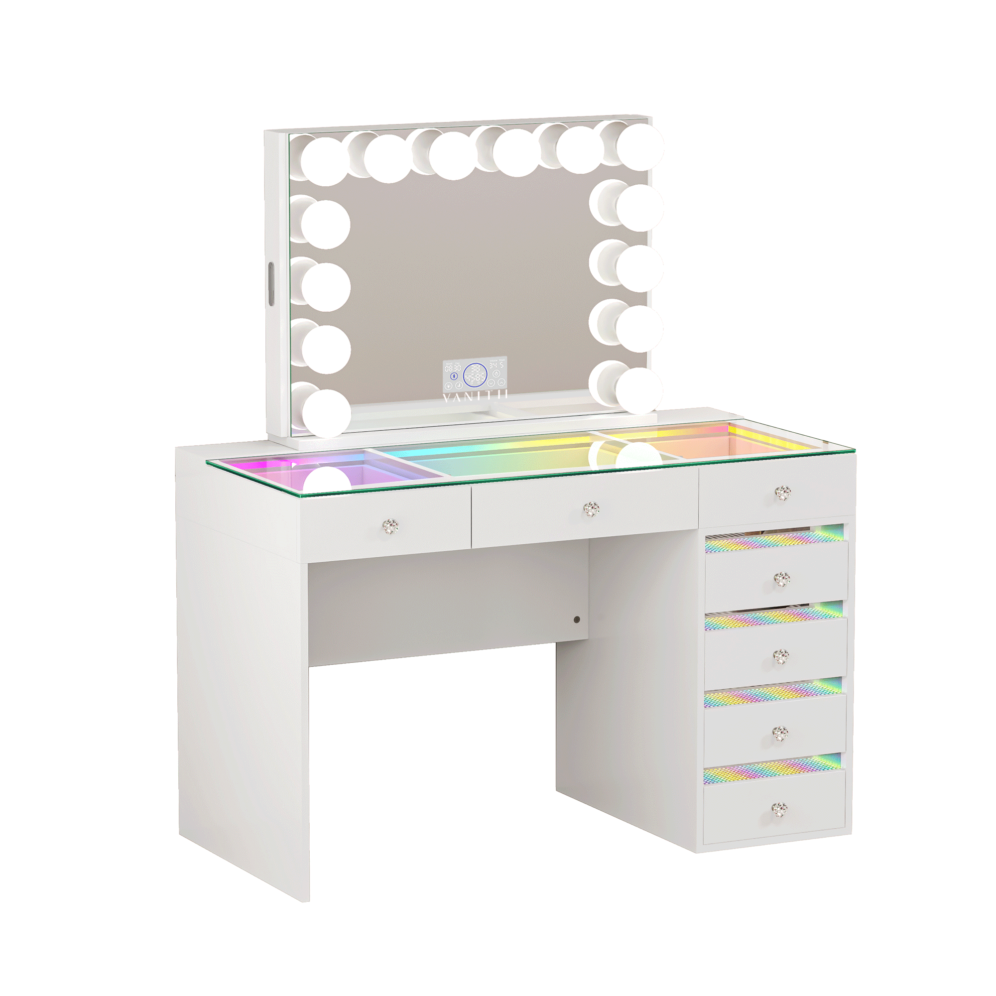 The VANITII Fenair Vanity Desk Set features a 14 LED Light Bulbs , Mirror with Hidden Side Jewelry Racks,7 crystal-knob drawers,USB&Type-C Ports and built-in Bluetooth Speaker. It adopts a simple white design, perfectly combining beauty and functionality.