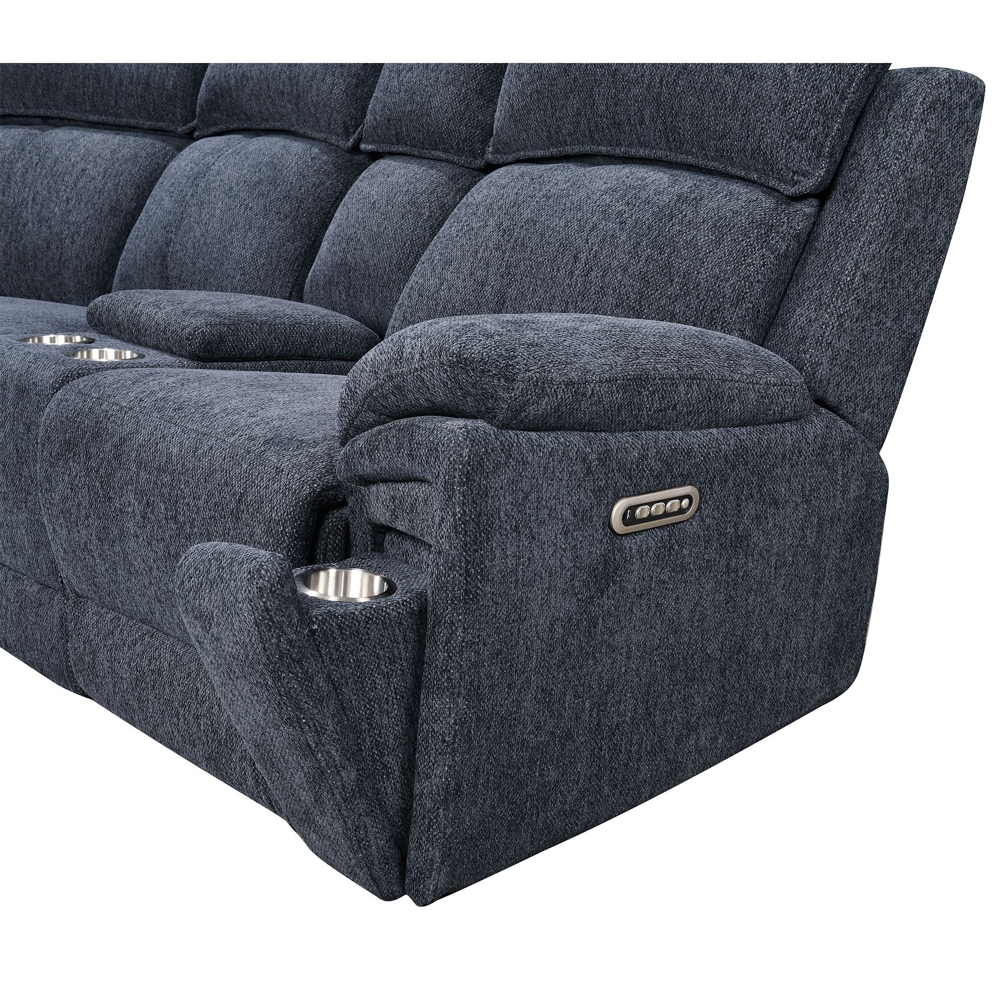 power recliner sofa fabric and control buttons detail for retail furniture show