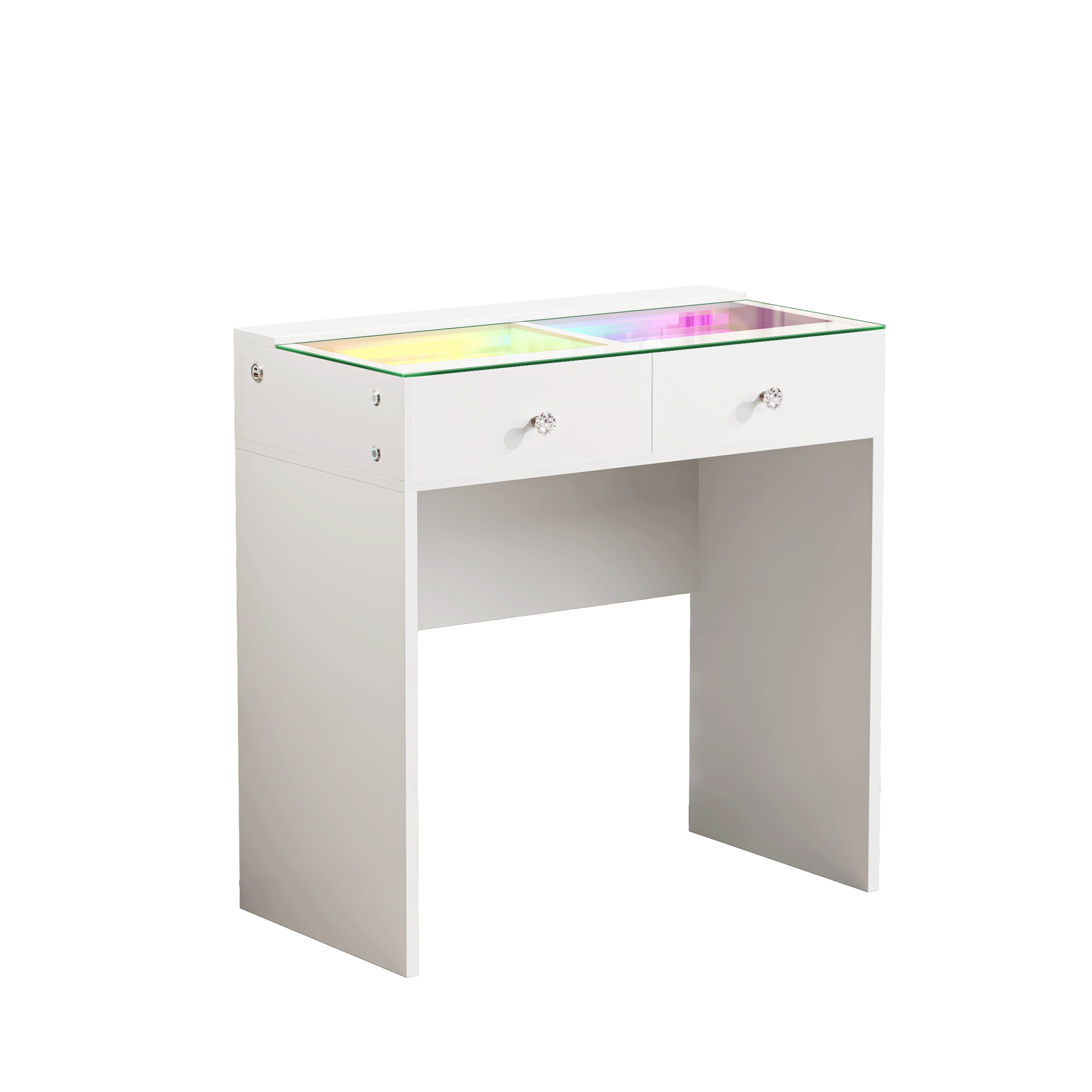 The VANITII Scarlet Vanity Desk features 2 crystal-knob drawers,USB&Type-C Ports and RGB strip light. It adopts a simple white design, perfectly combining beauty and functionality.