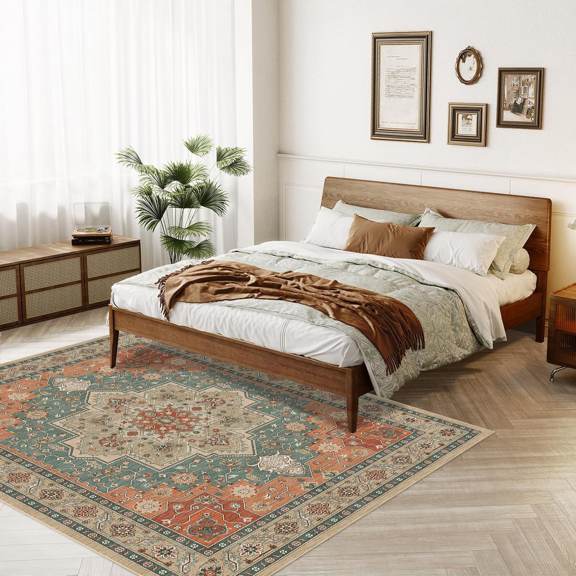 The rug is placed in the bedroom, adding a warm atmosphere to it.