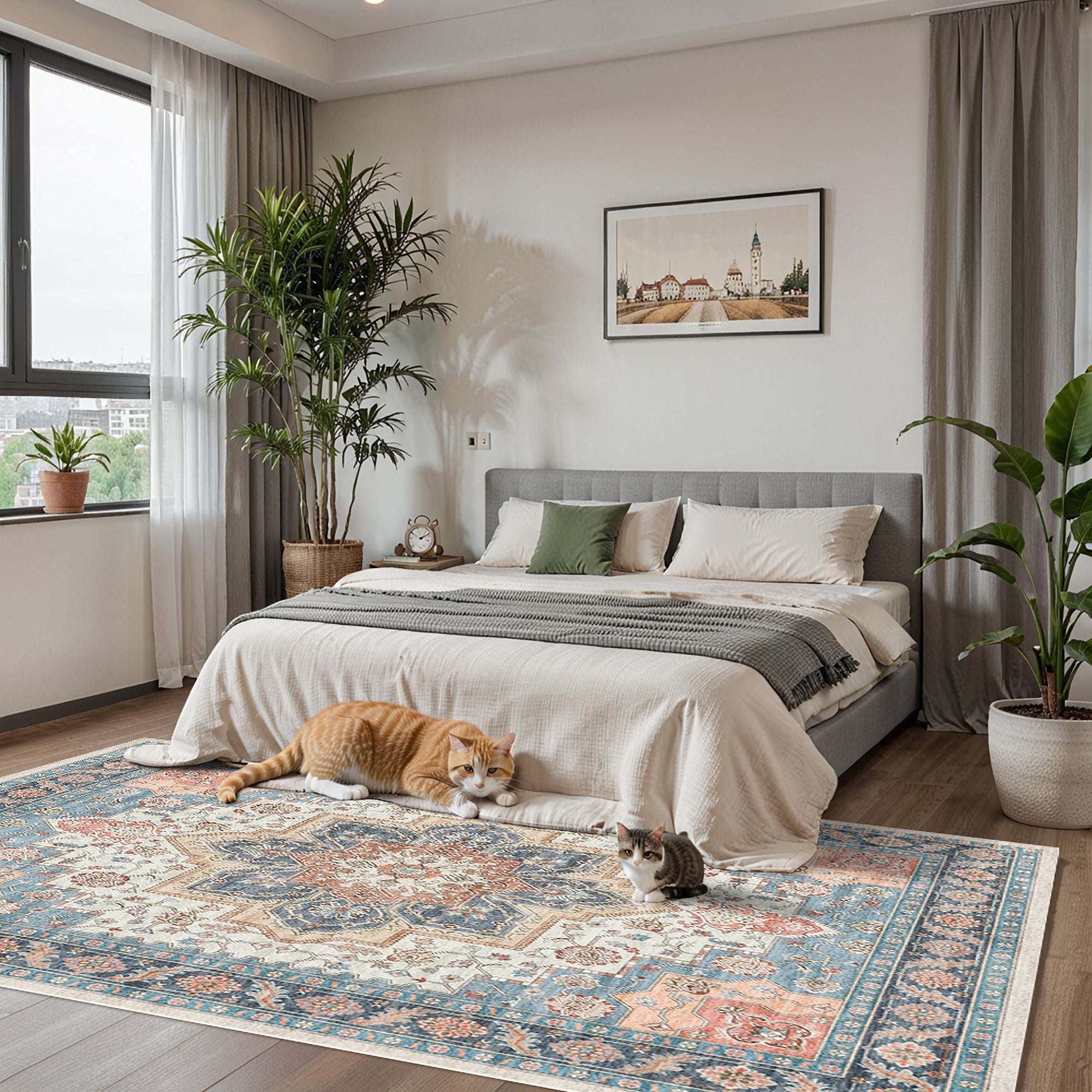 The rug is placed in the bedroom, adding a warm atmosphere to it.