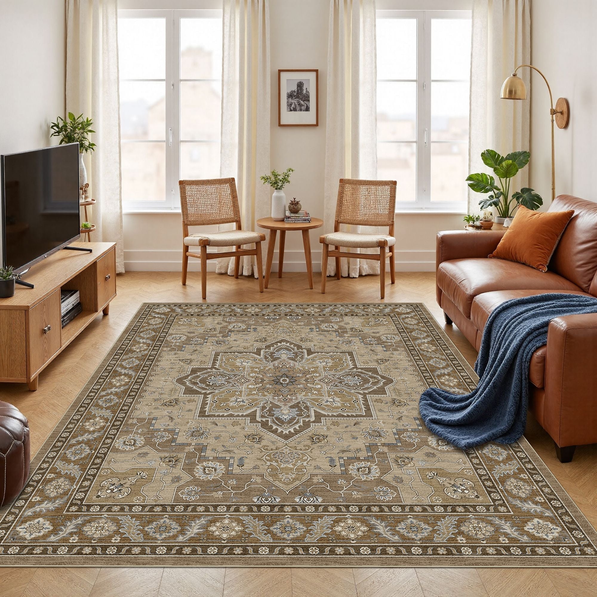 The rug is placed in the living room, adding a warm atmosphere to it.