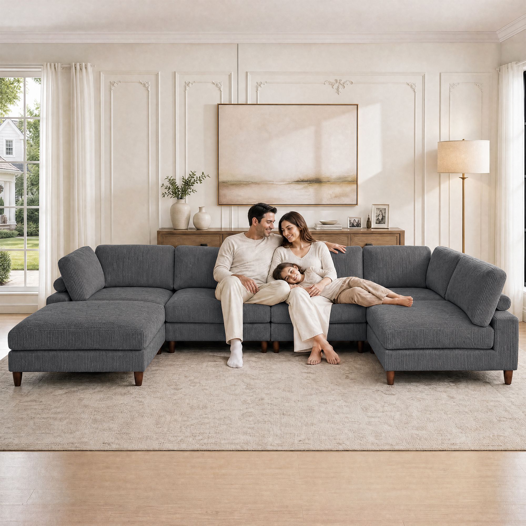 Solid Wood Frame Corduroy Modular Sofa Gray