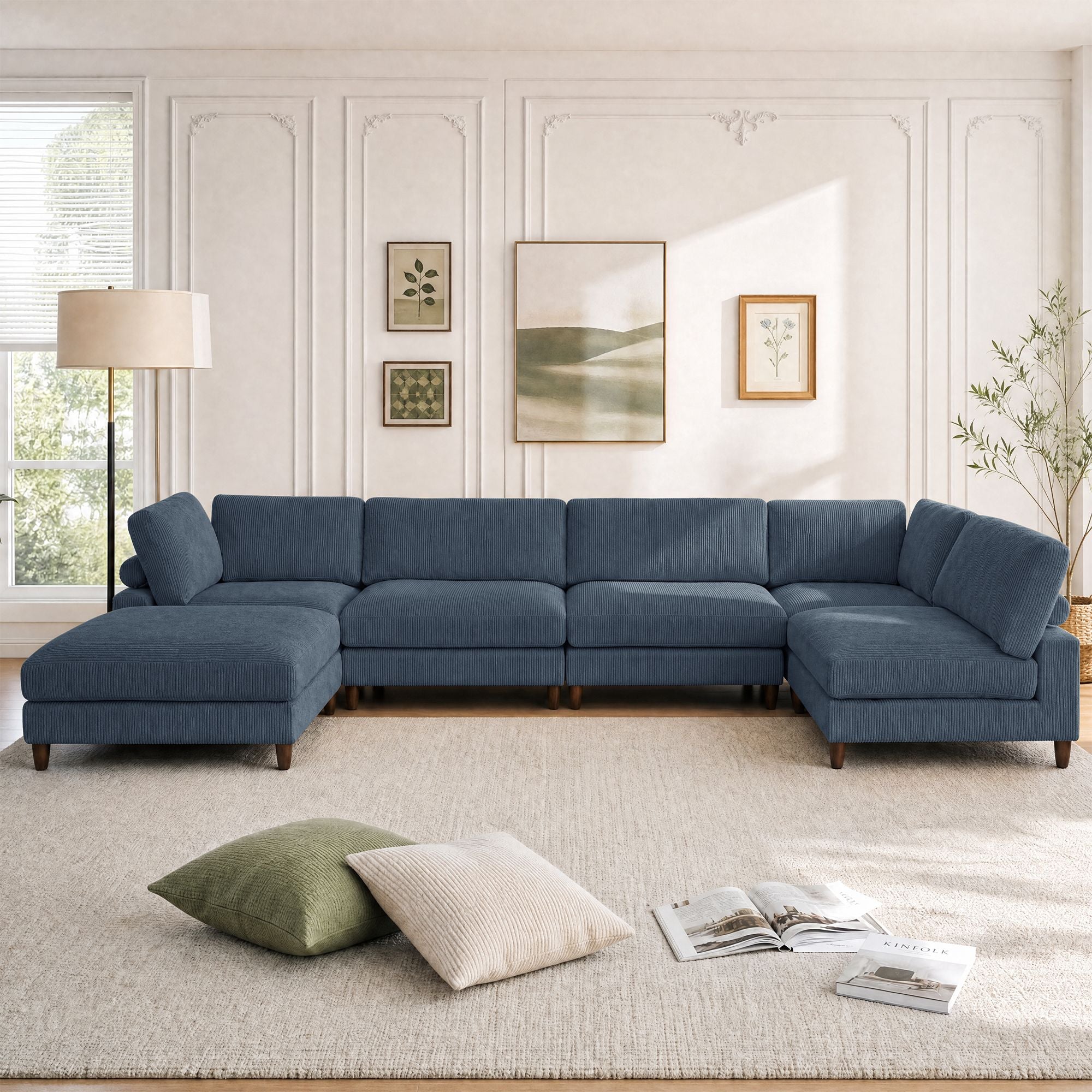 Solid Wood Frame Corduroy Modular Sofa Blue
